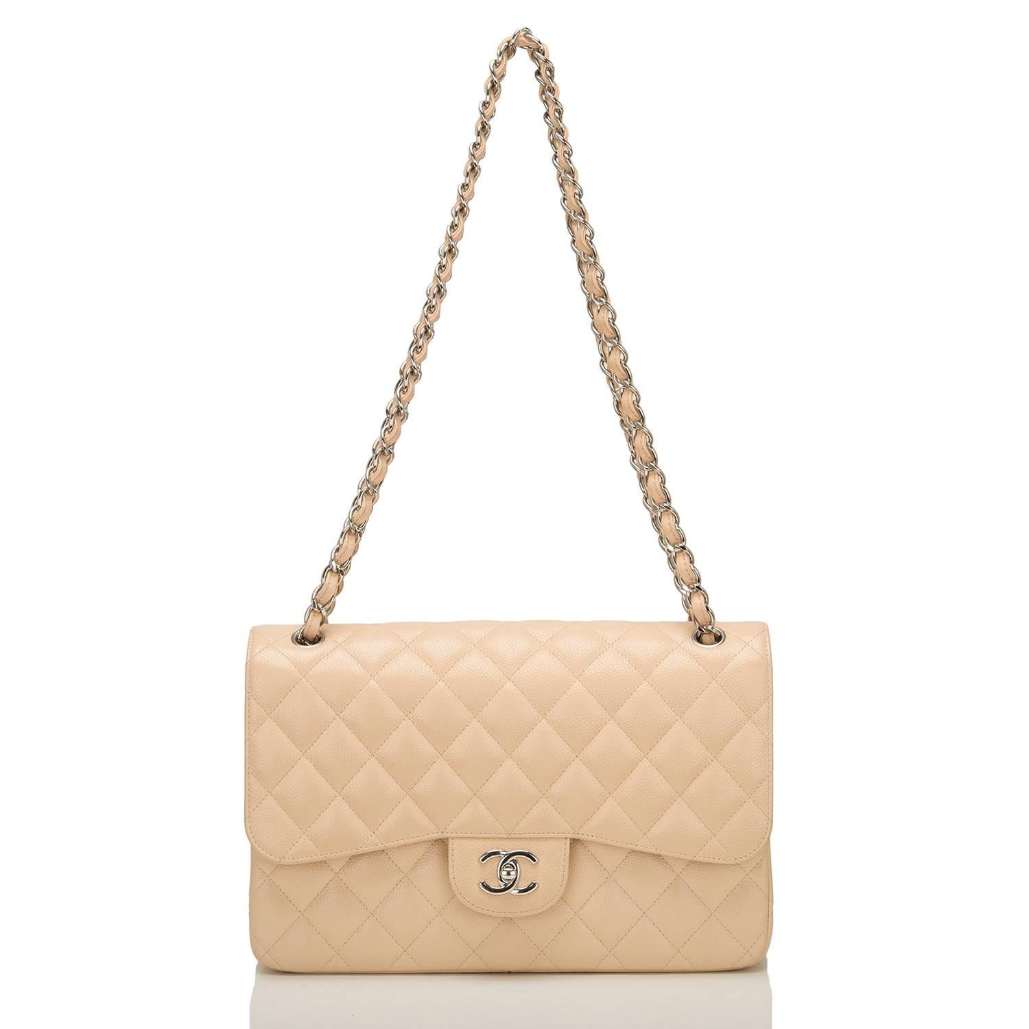 Chanel Beige Quilted Caviar Jumbo Classic Double Flap Bag 2