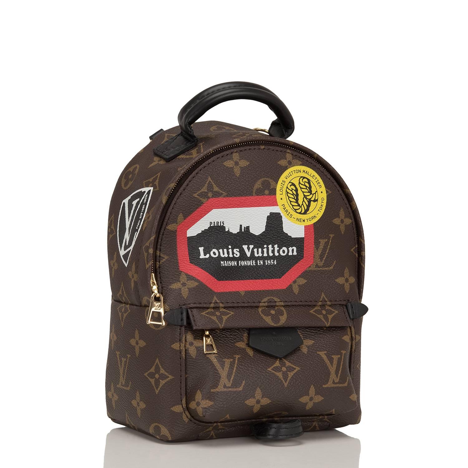 Louis Vuitton "World Tour" Monogram Palm Springs Backpack Mini designed by Nicholas Ghesquiere of coated canvas with golden brass hardware and accented by Louis Vuitton patches.

The Monogram coated canvas has a soft calfskin trim,