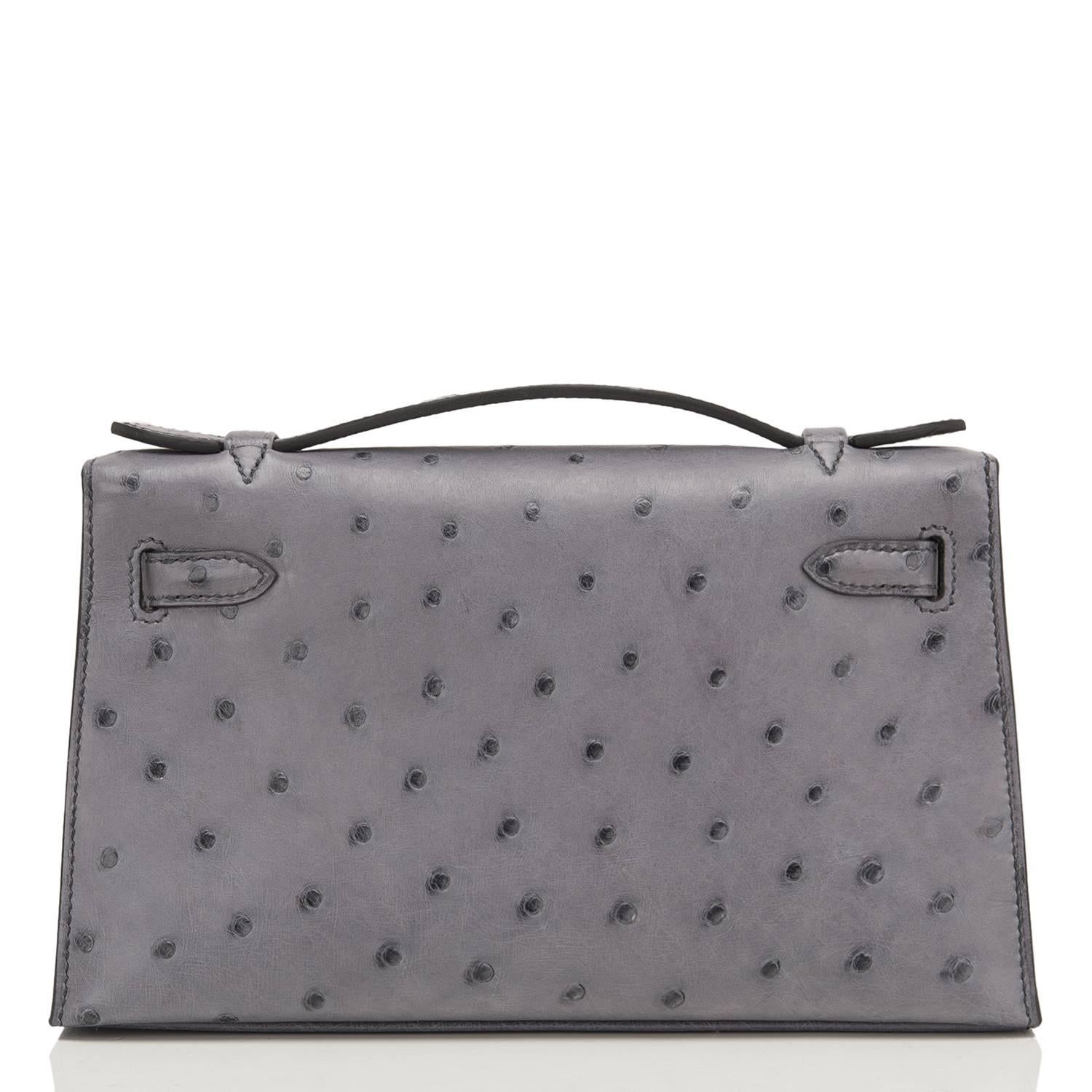 Women's Hermes Gris Agate Ostrich Mini Kelly Pochette Gold Hardware