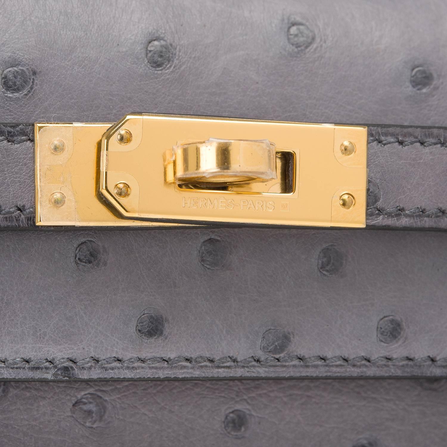 Hermes Gris Agate Ostrich Mini Kelly Pochette Gold Hardware 2