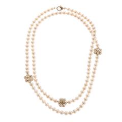 Chanel Faux Pearl And Camellia Matte Gold Tone Long Necklace