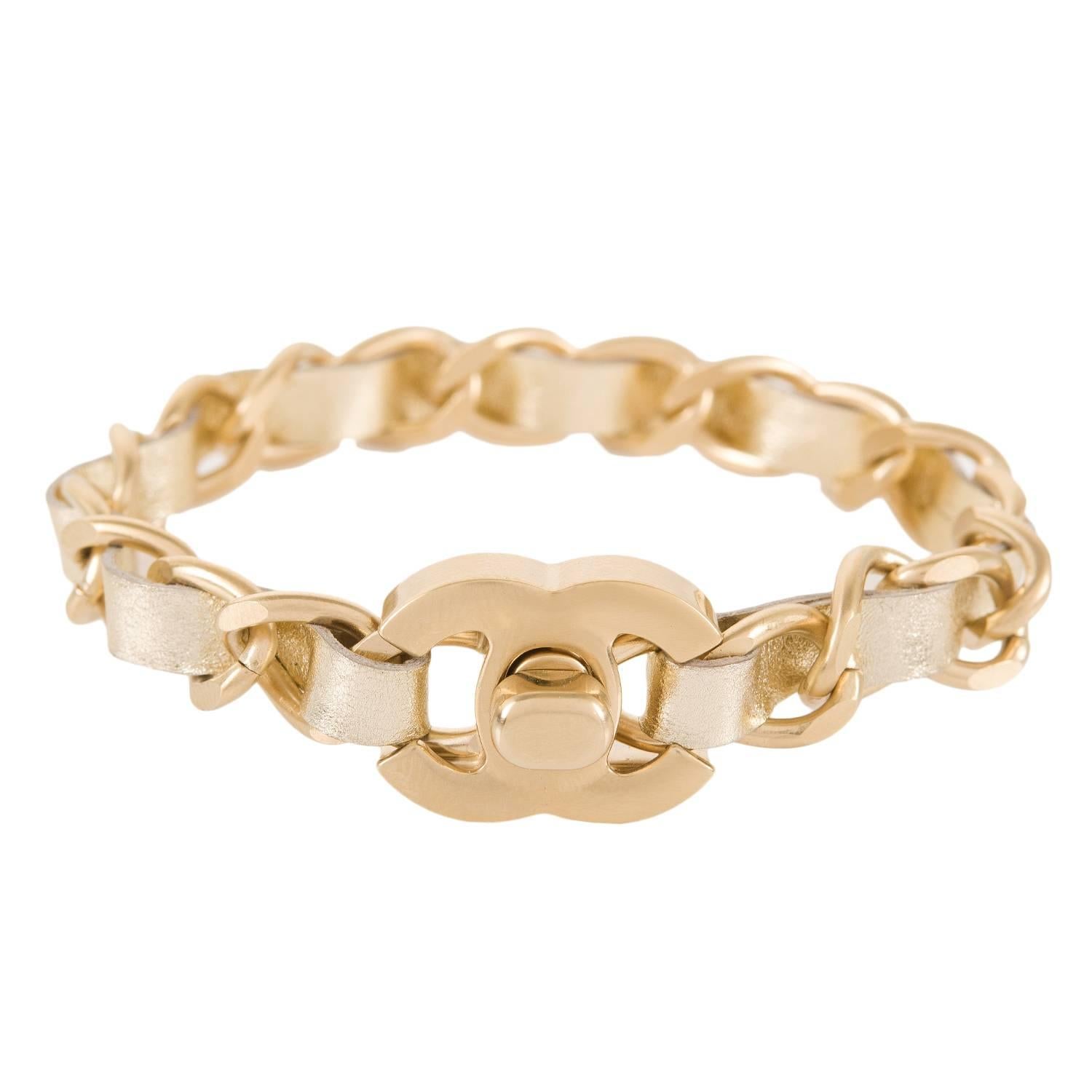 Chanel Gold Interwoven Leather And Chain CC Turnlock Bracelet For Sale
