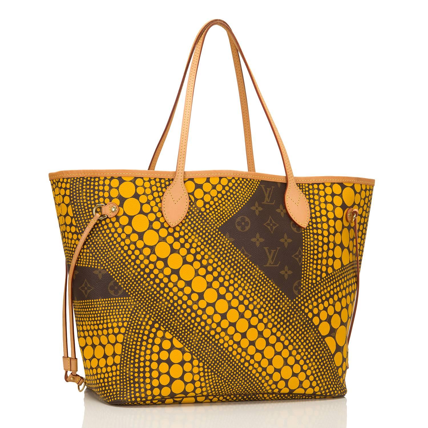 Louis Vuitton Yellow Monogram Waves Neverfull MM tote designed by Yayoi Kusama of coated canvas.

This limited edition Neverfull has polished brass hardware, yellow contrast stitching, a removable luggage tag, a hidden top hook closure, double