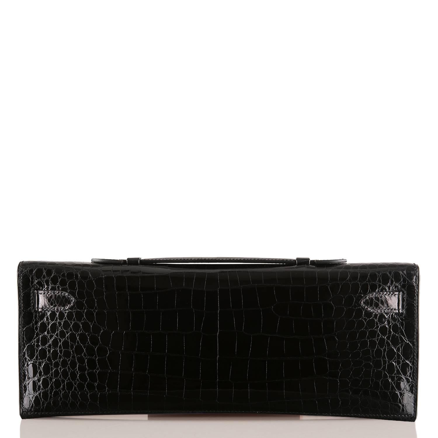 Hermes Black Shiny Porosus Crocodile Kelly Cut In New Condition For Sale In New York, NY