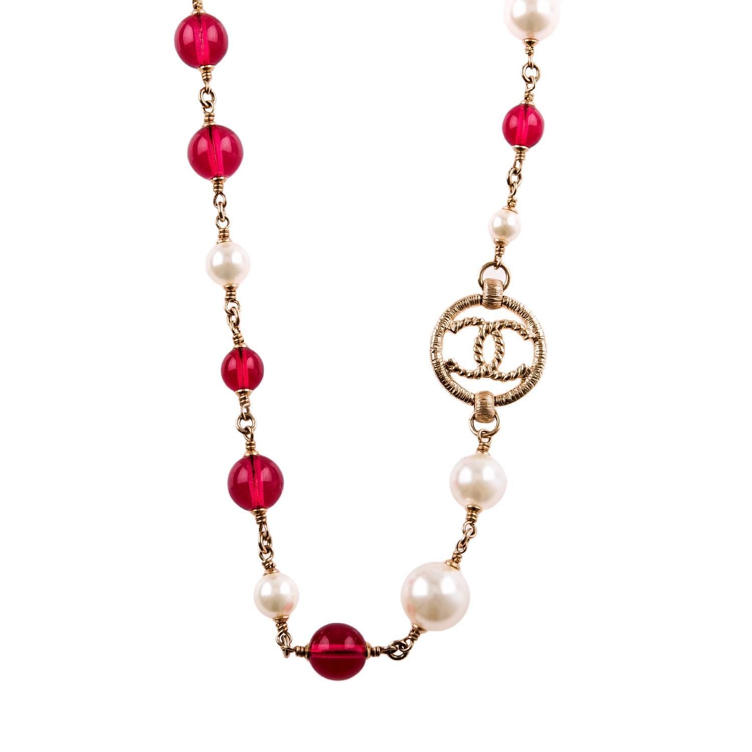 Chanel Faux Pearl, Red Bead And CC-Logo Sautoir Necklace For Sale