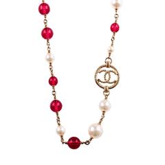 Chanel Faux Pearl, Red Bead And CC-Logo Sautoir Necklace