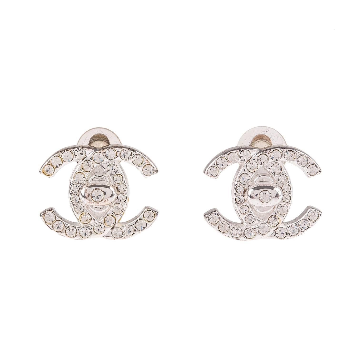 Chanel Vintage Rhinestone Silver Tone CC-Logo Turnlock Earrings