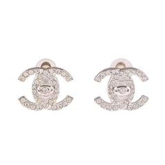 Chanel Vintage Rhinestone Silver Tone CC-Logo Turnlock Earrings