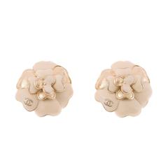 Chanel Ivory And Matte Gold Tone Camellia Clip On Earrings