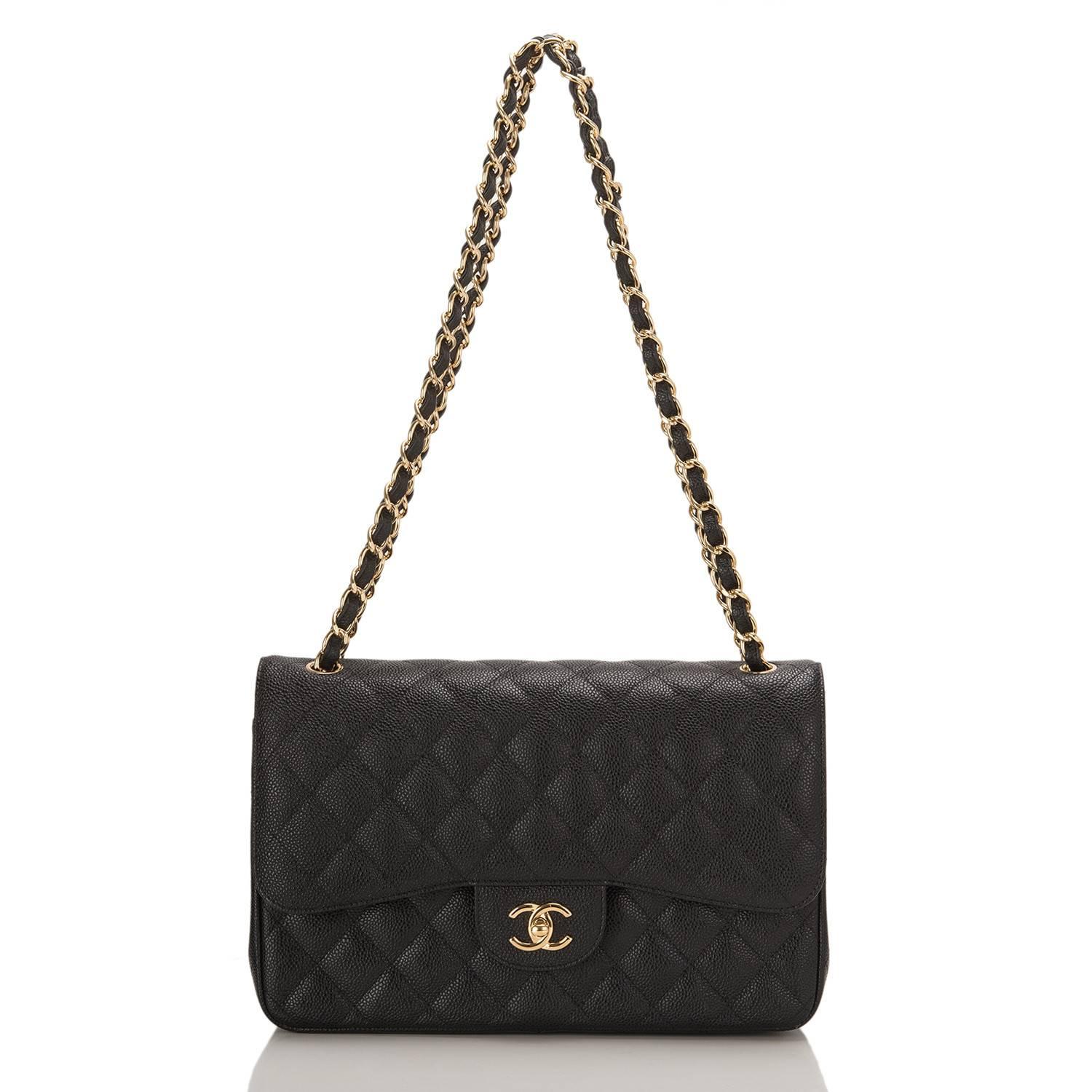 Chanel Black Quilted Caviar Jumbo Classic Double Flap Bag For Sale 1