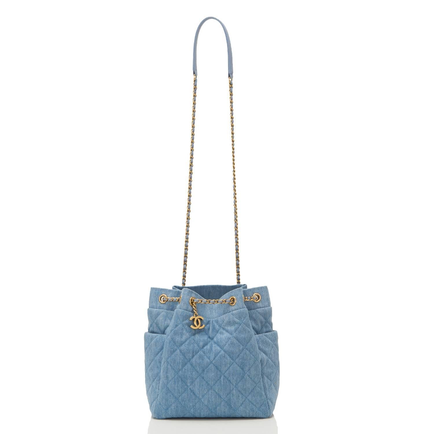 Chanel Light Blue Quilted Denim Drawstring Bag In Excellent Condition In New York, NY