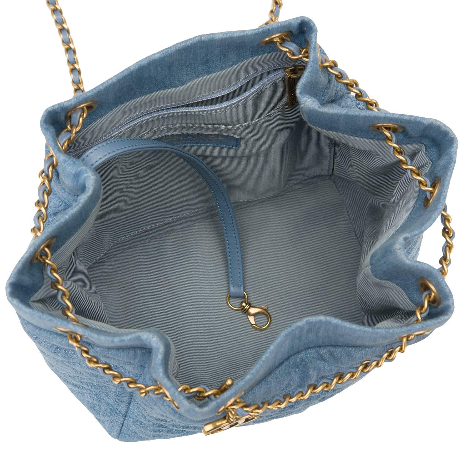 Women's Chanel Light Blue Quilted Denim Drawstring Bag