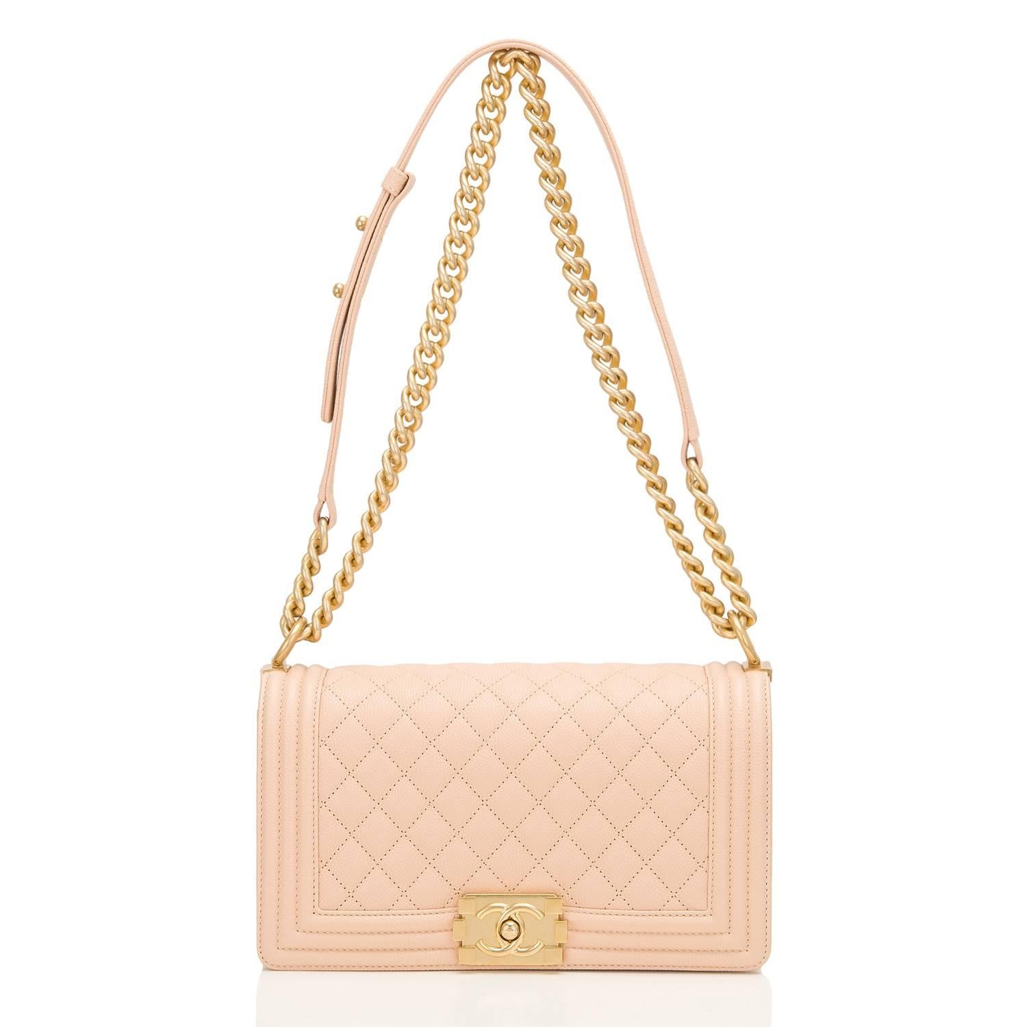 Chanel Light Beige Quilted Caviar Medium Boy Bag In New Condition In New York, NY