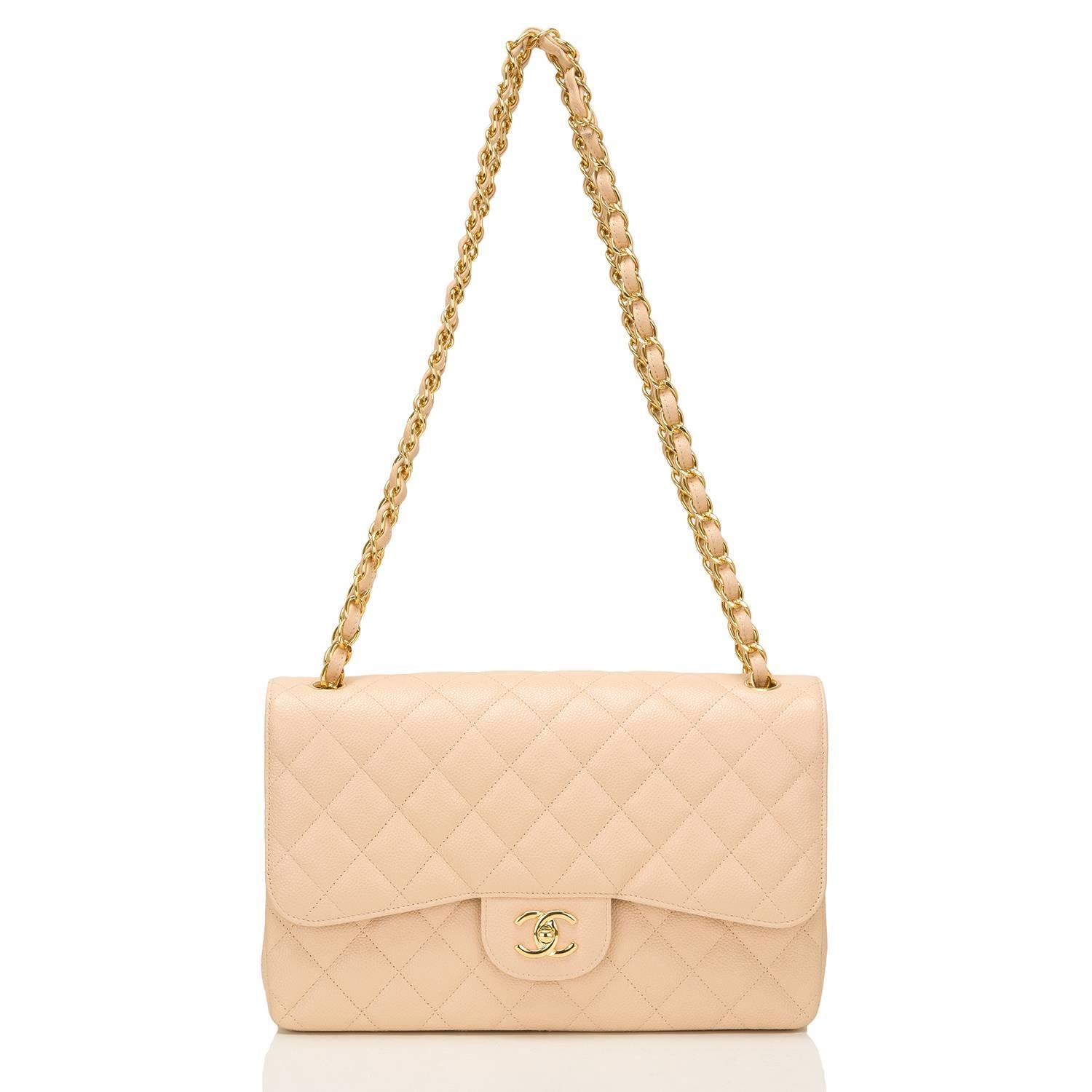 Chanel Beige Quilted Caviar Jumbo Classic Double Flap Bag For Sale 1