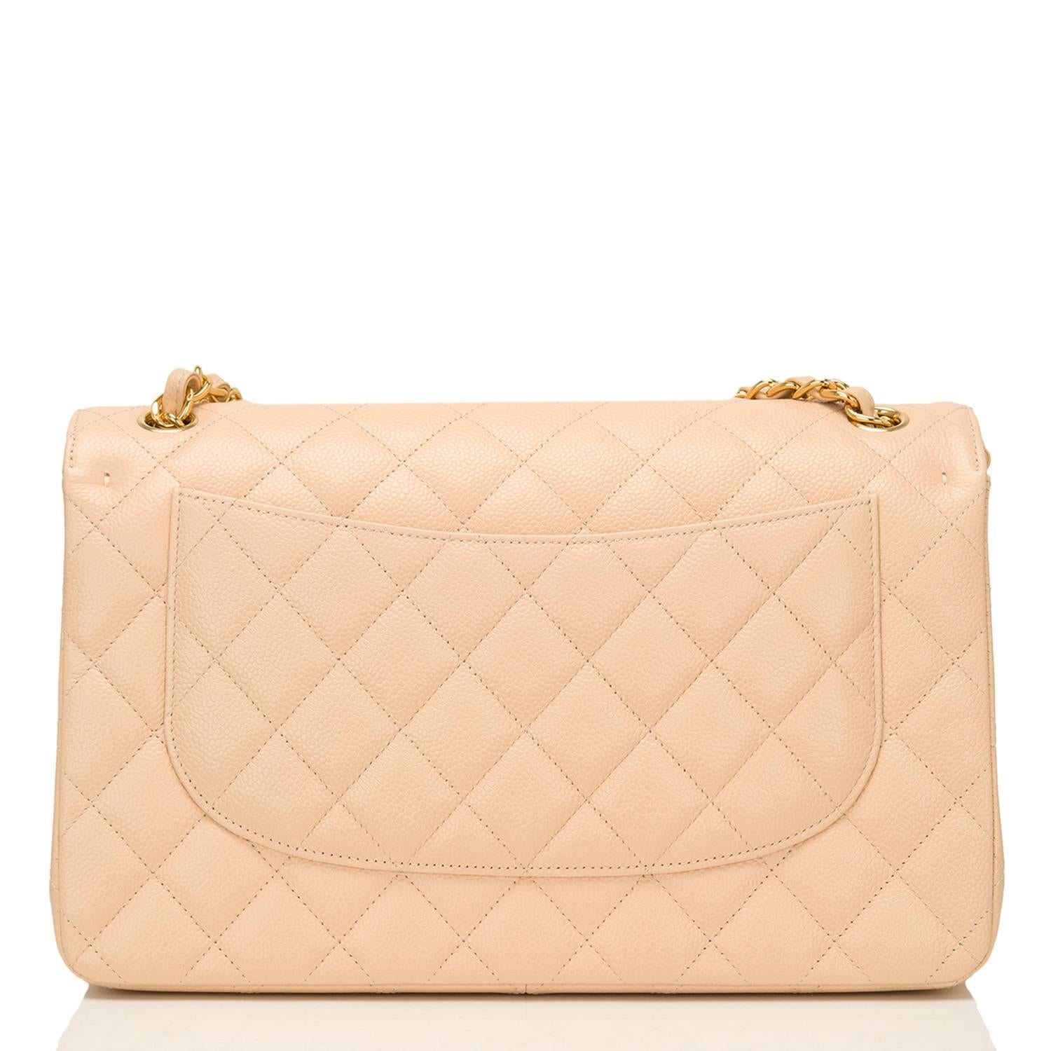 Chanel Beige Quilted Caviar Jumbo Classic Double Flap Bag In New Condition For Sale In New York, NY