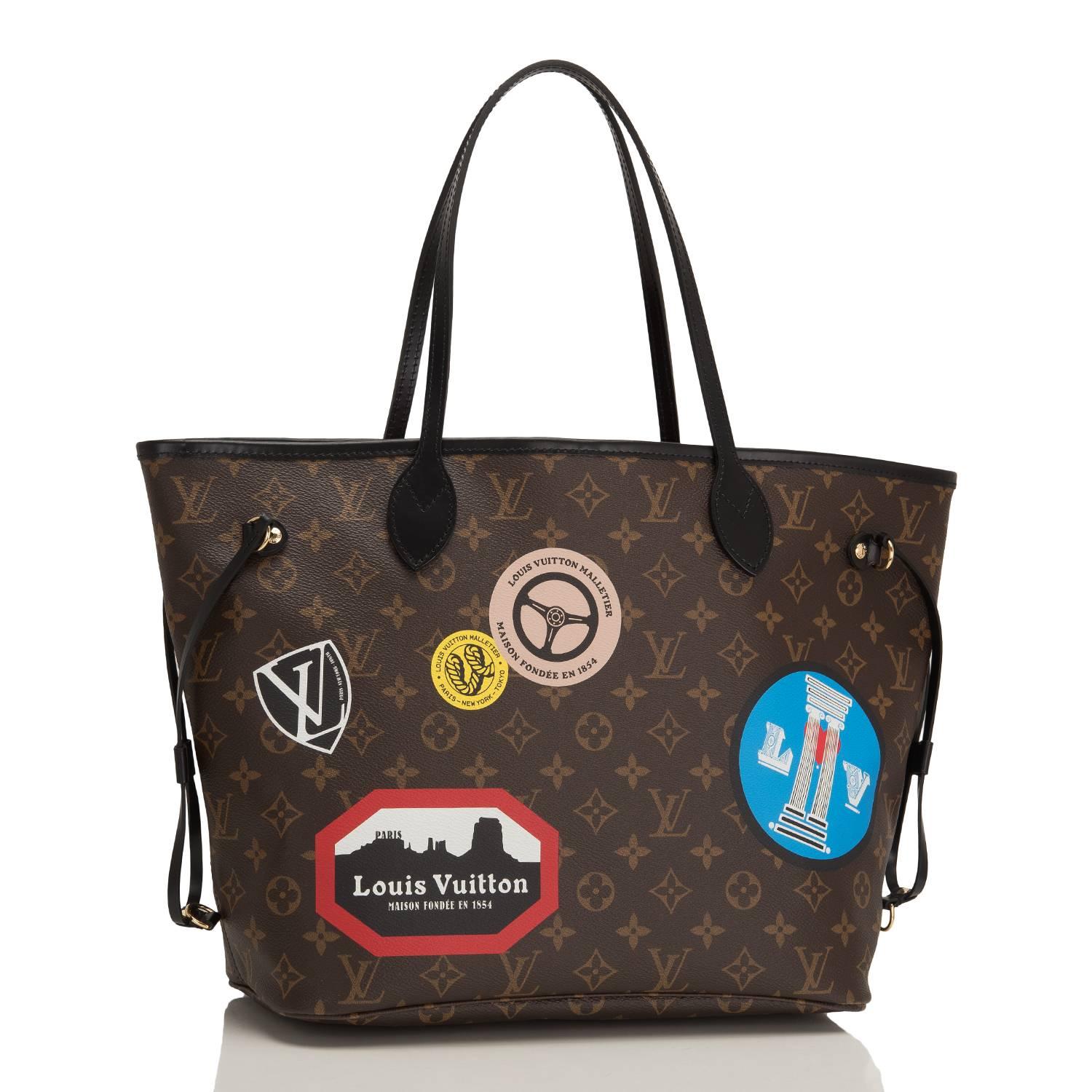 Louis Vuitton Monogram "World Tour" Neverfull MM tote of coated canvas with black leather trim, polished brass hardware and removable pouch.

This limited edition tote features printed stamps over the traditional monogram canvas, black