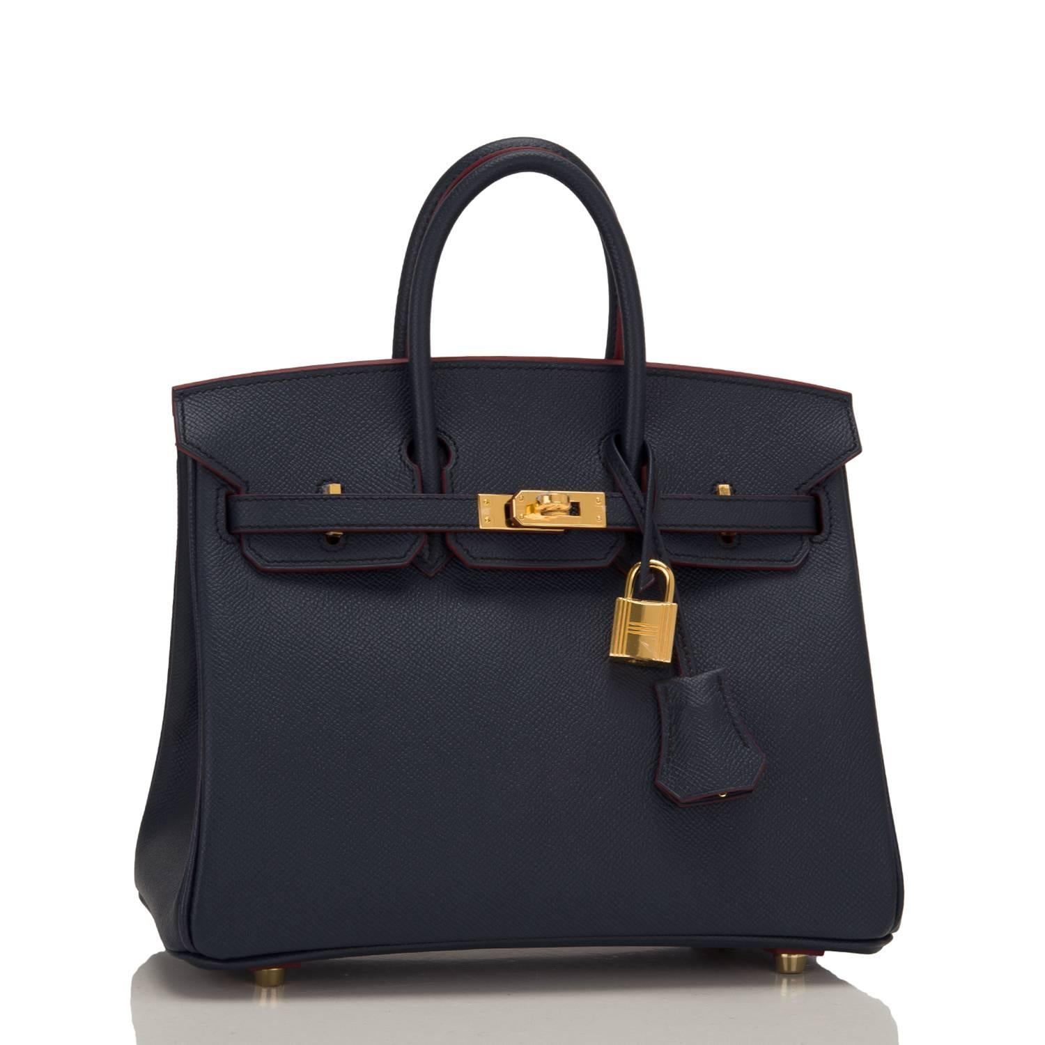 Hermes Blue Indigo and Rouge H Contour 25cm Birkin of epsom leather with gold hardware.

This limited edition Birkin features contour Rouge H stitching, a front toggle closure, a clochette with lock and two keys, and double rolled handles.

The