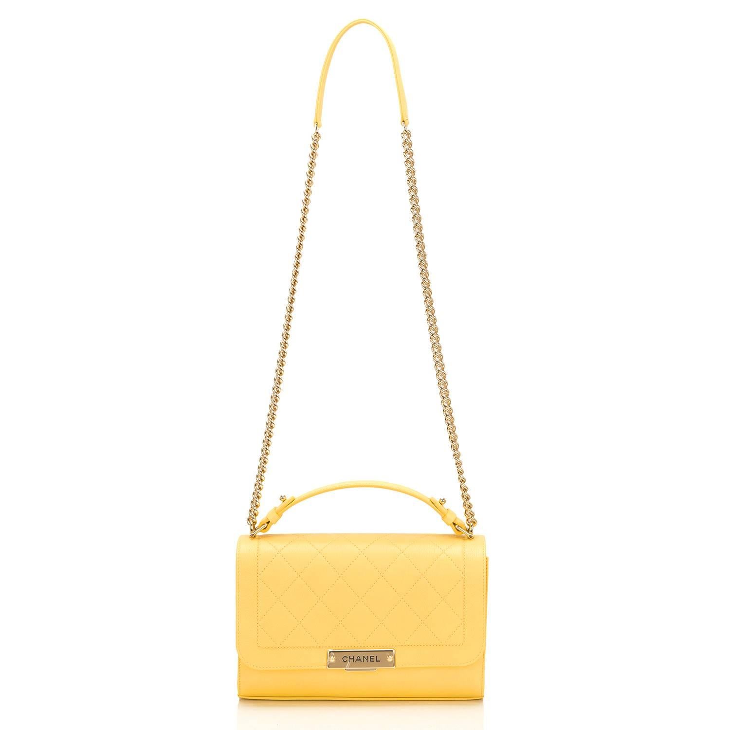 Chanel Yellow Caviar Medium Label Click Flap Bag NEW For Sale 1