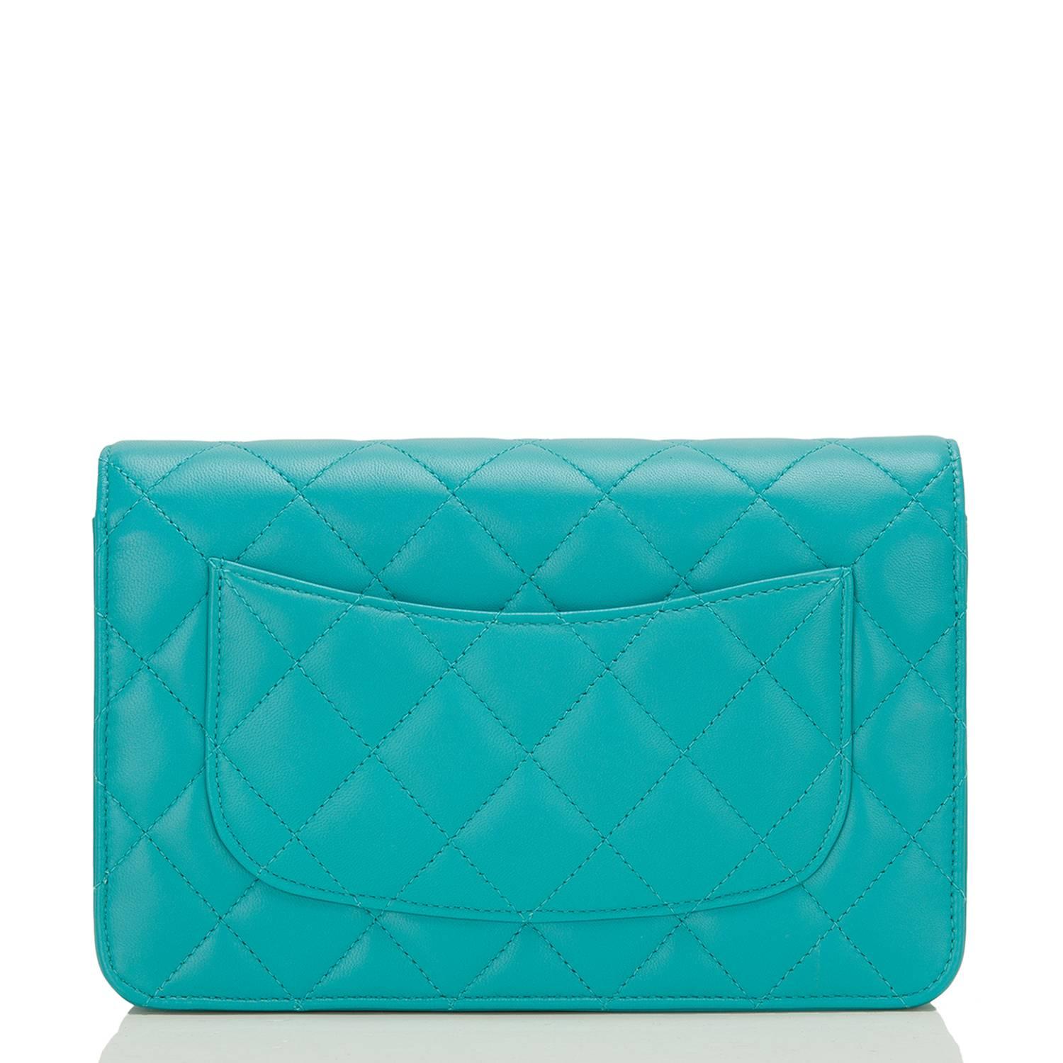 Chanel Turquoise Quilted Lambskin Classic Wallet On Chain (WOC) In New Condition In New York, NY