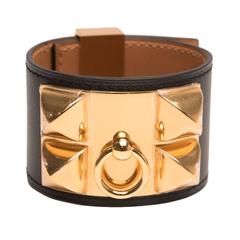 Hermes Black Calfskin Collier De Chien (CDC) Bracelet Small Gold Hardware