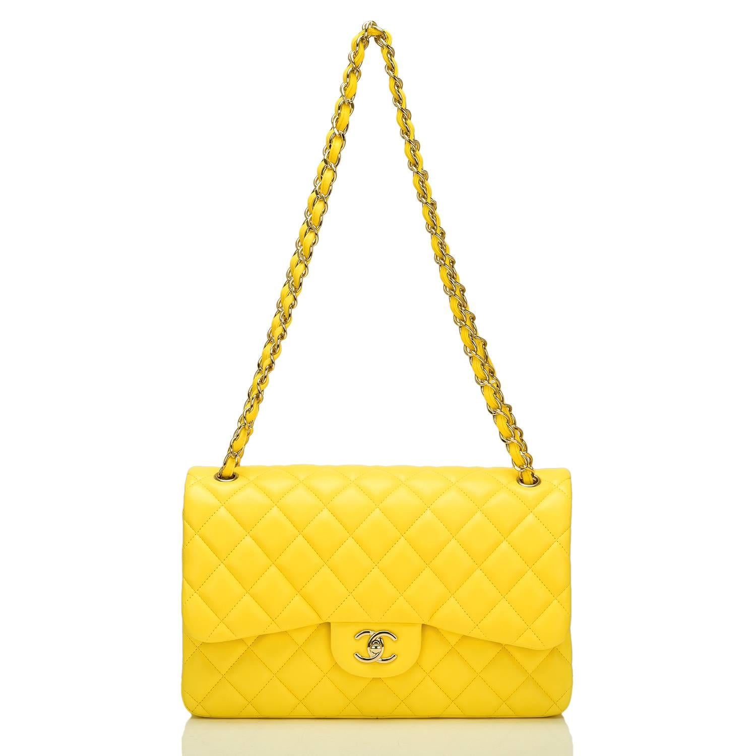 Women's Chanel Yellow Quilted Lambskin Jumbo Classic Double Flap Bag