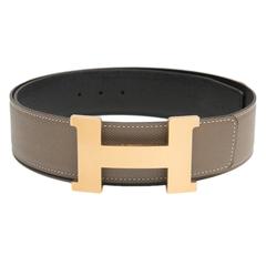 Hermes 42mm Reversible Etoupe/Black Constance H Belt 85cm Gold Hardware