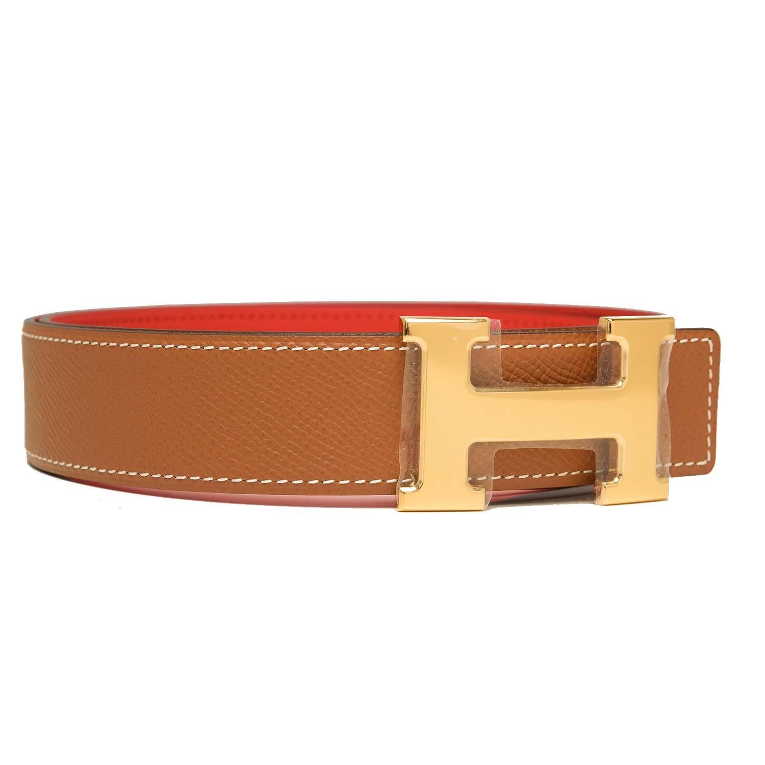Hermes belt kit comprising an adjustable wide 32mm Constance H belt of Rouge Grenat evercolor with tonal stitching reversing to Gold epsom with contrast white stitching accompanied by a removable gold plated H buckle.

Origin: France

Condition:
