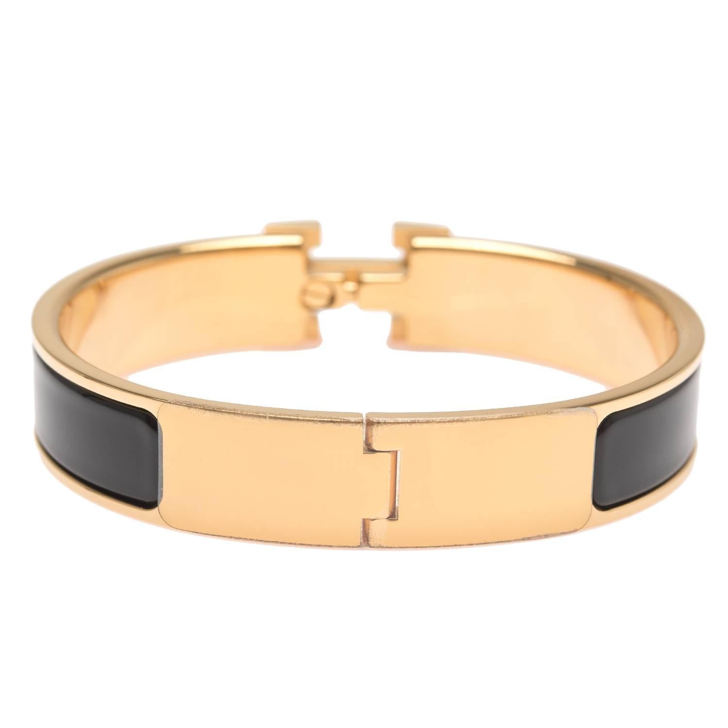 Hermes Black Clic Clac H Narrow Enamel Bracelet PM In New Condition For Sale In New York, NY