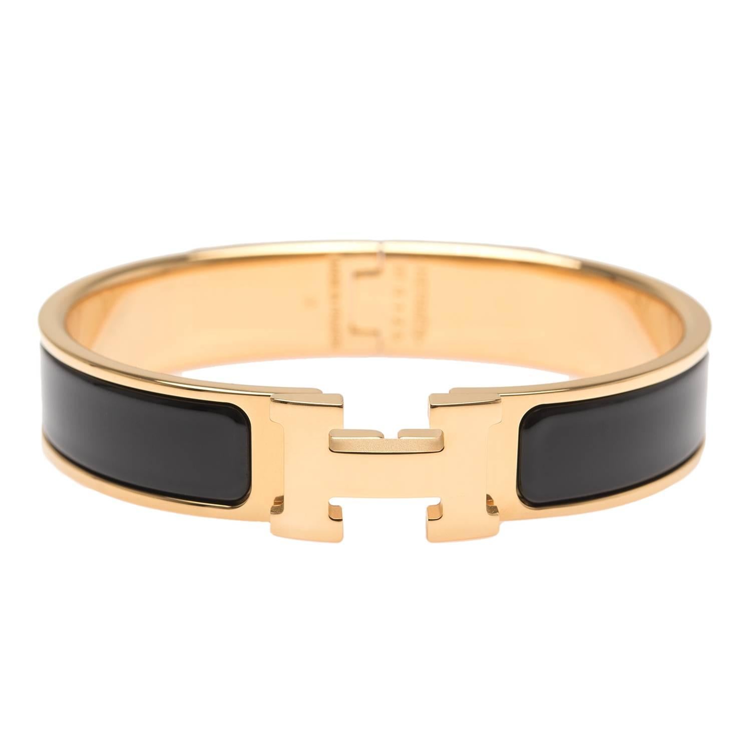Hermes Black Clic Clac H Narrow Enamel Bracelet PM For Sale