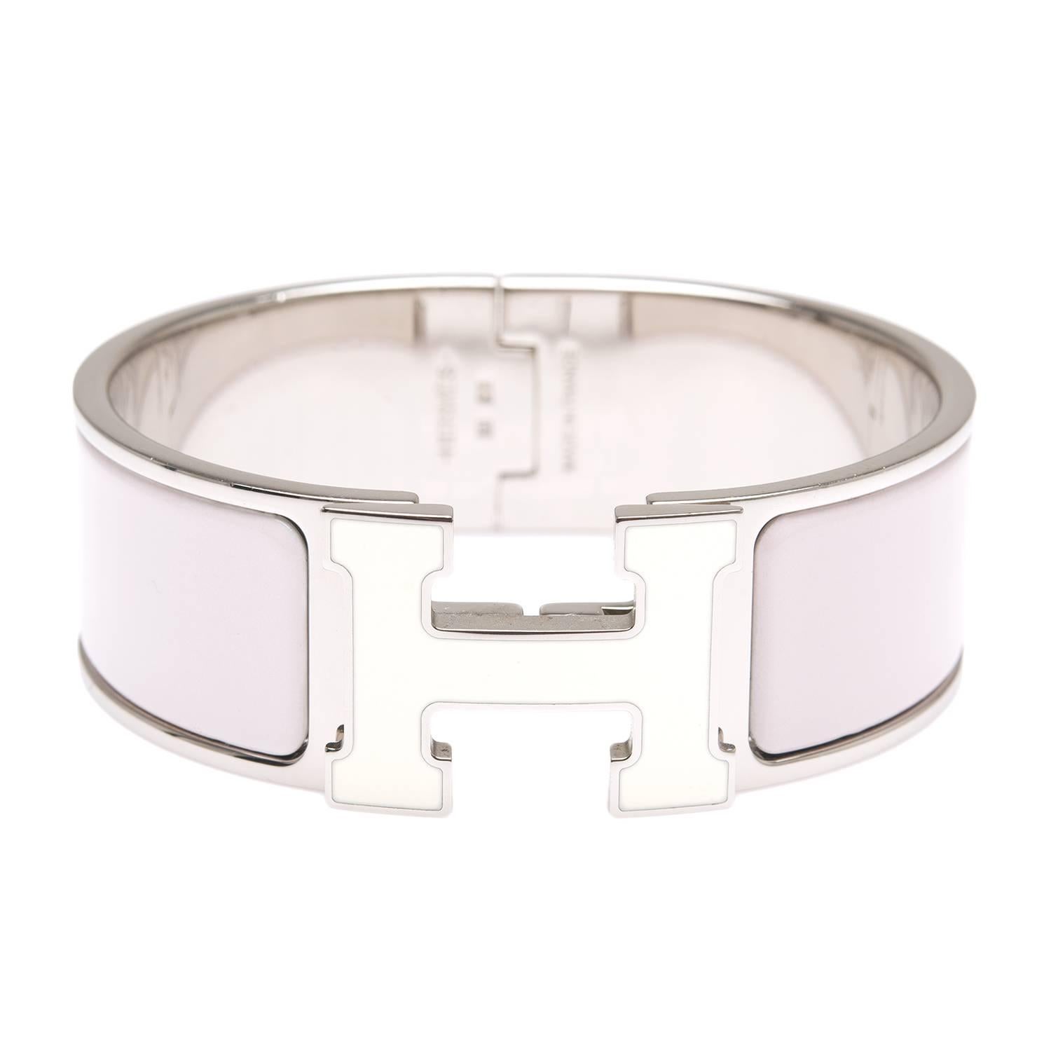 Hermes Rose Nymph 
White Lacquer Enamel H Clic Clac H Wide Enamel Bracelet PM