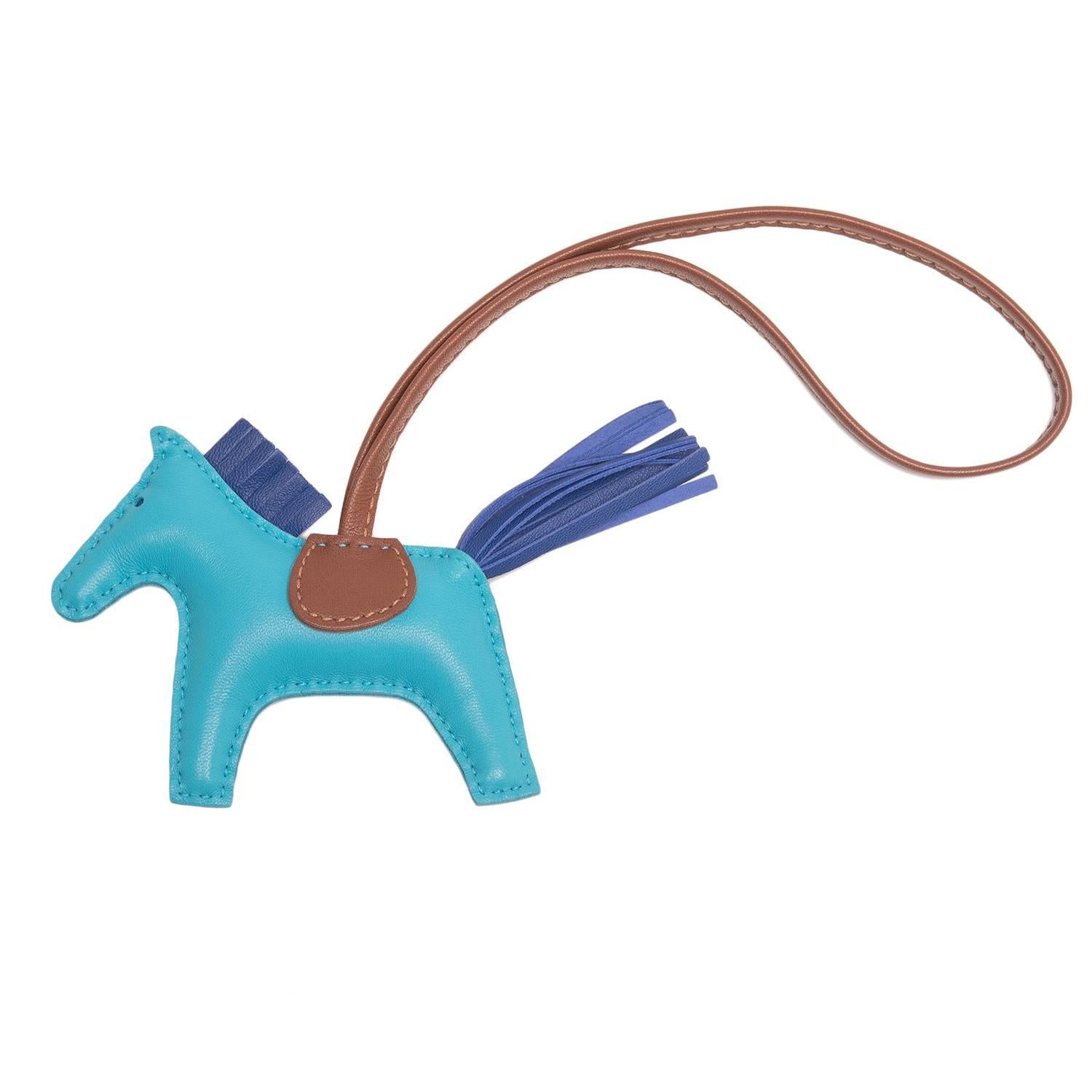 Hermes Blue Izmir Horse Rodeo Bag Charm PM For Sale
