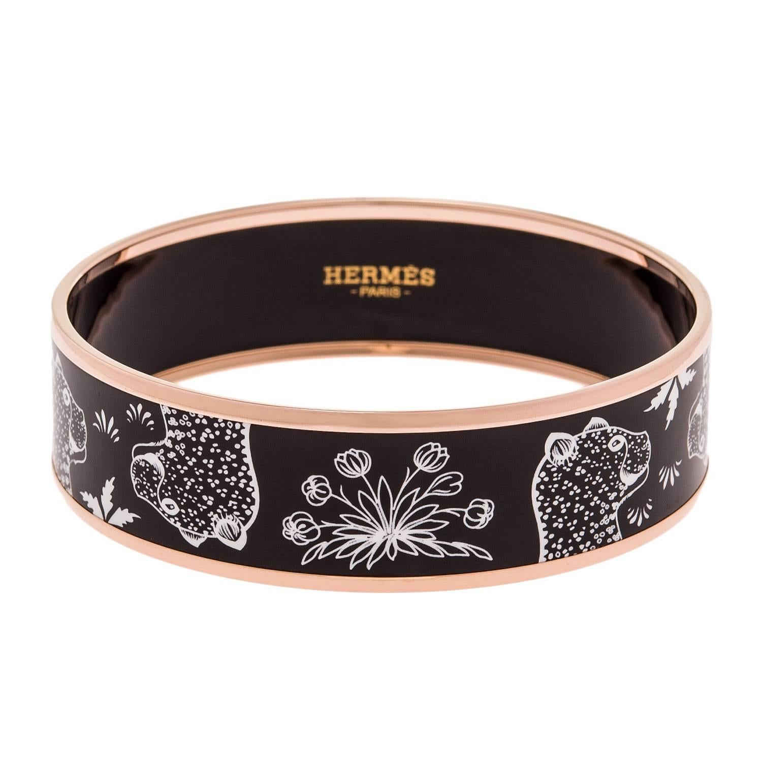 Hermes "Les Leopards" Wide Printed Enamel Bracelet PM (65) For Sale