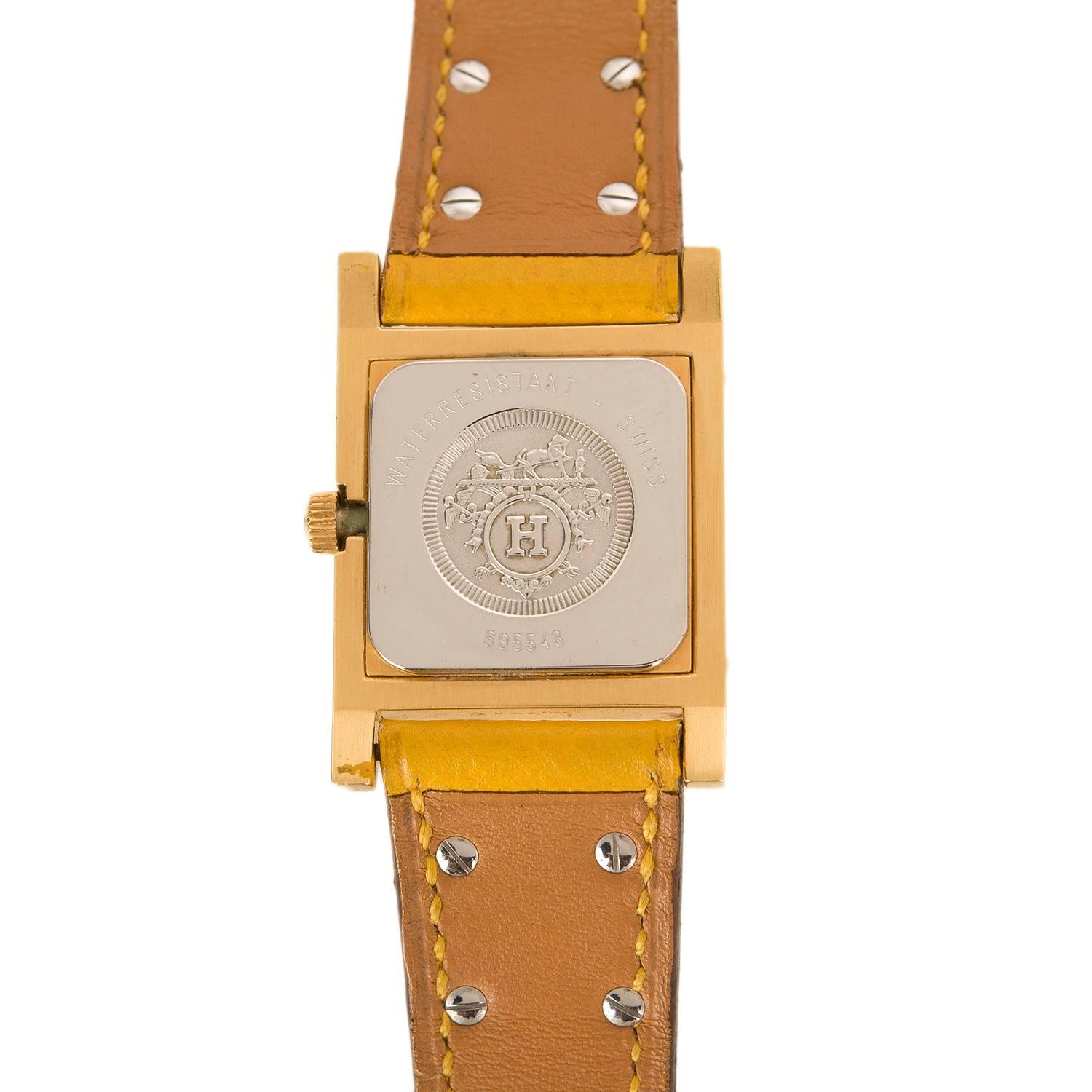 Hermes Yellow Courcheval Gold Plated Stainless Steel Medor Quartz Wristwatch In Excellent Condition For Sale In New York, NY