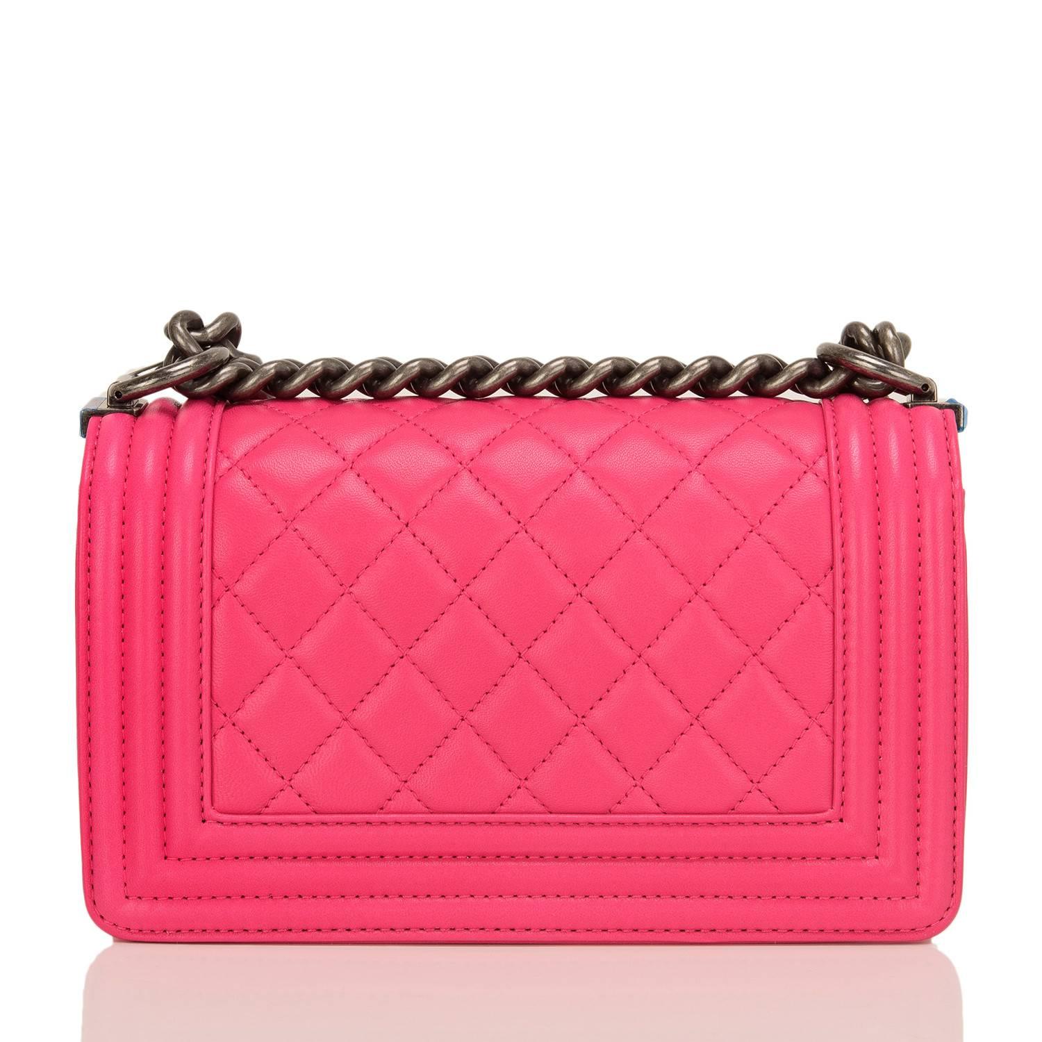 Chanel Fuchsia Pink Quilted Lambskin Small Boy Bag In New Condition For Sale In New York, NY