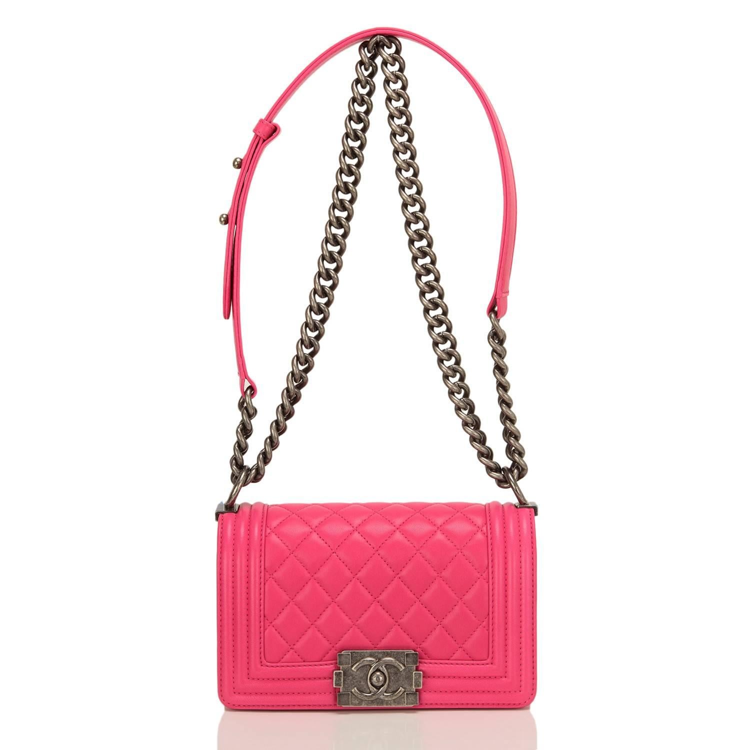 Chanel Fuchsia Pink Quilted Lambskin Small Boy Bag For Sale 1