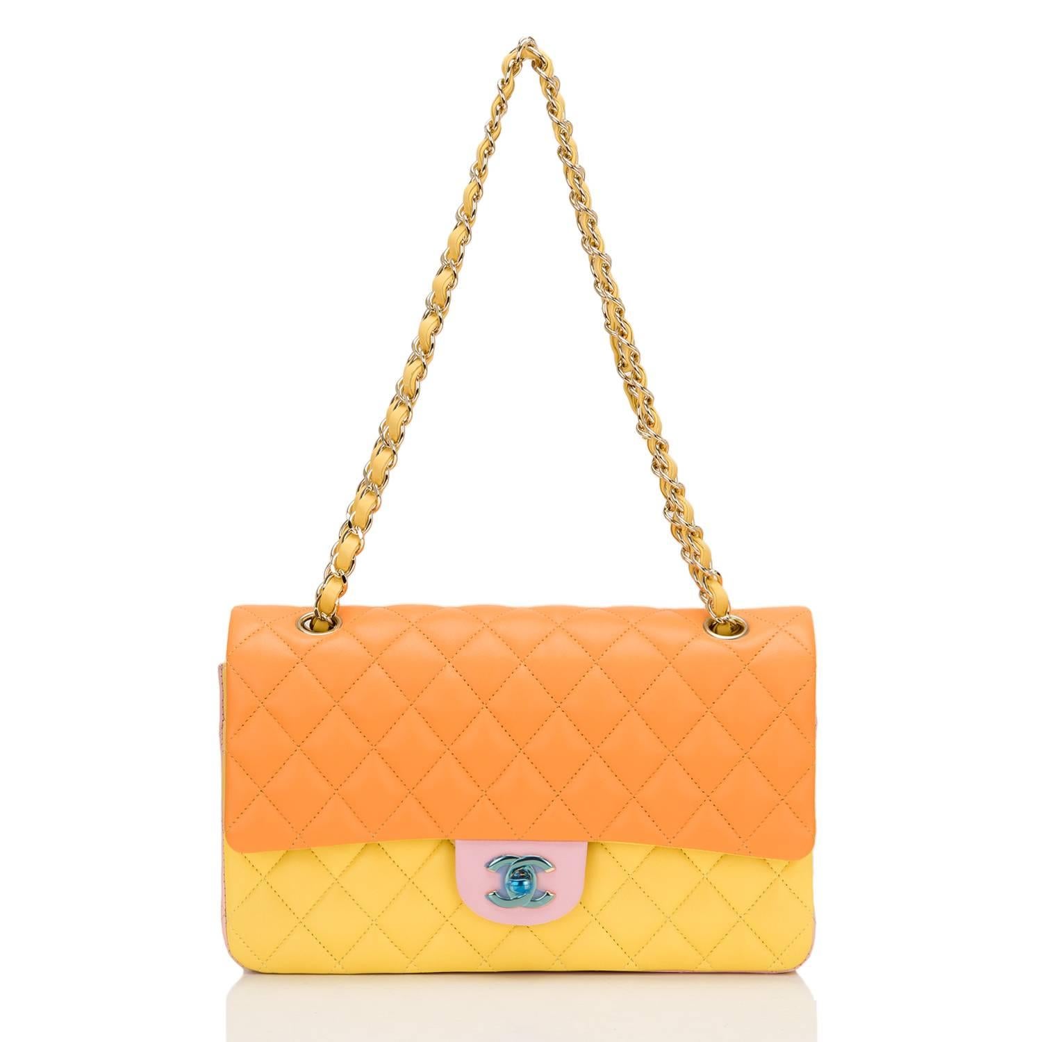 Orange Chanel Tri-Color Quilted Lambskin Medium Classic Double Flap Bag