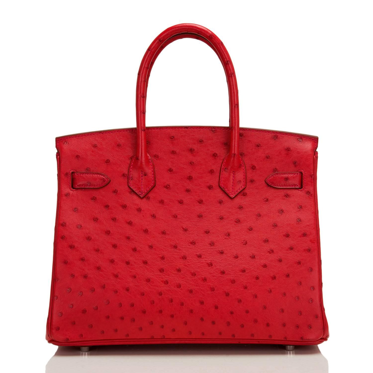 Hermes Rouge Vif Ostrich Birkin 30cm Palladium Hardware In New Condition For Sale In New York, NY