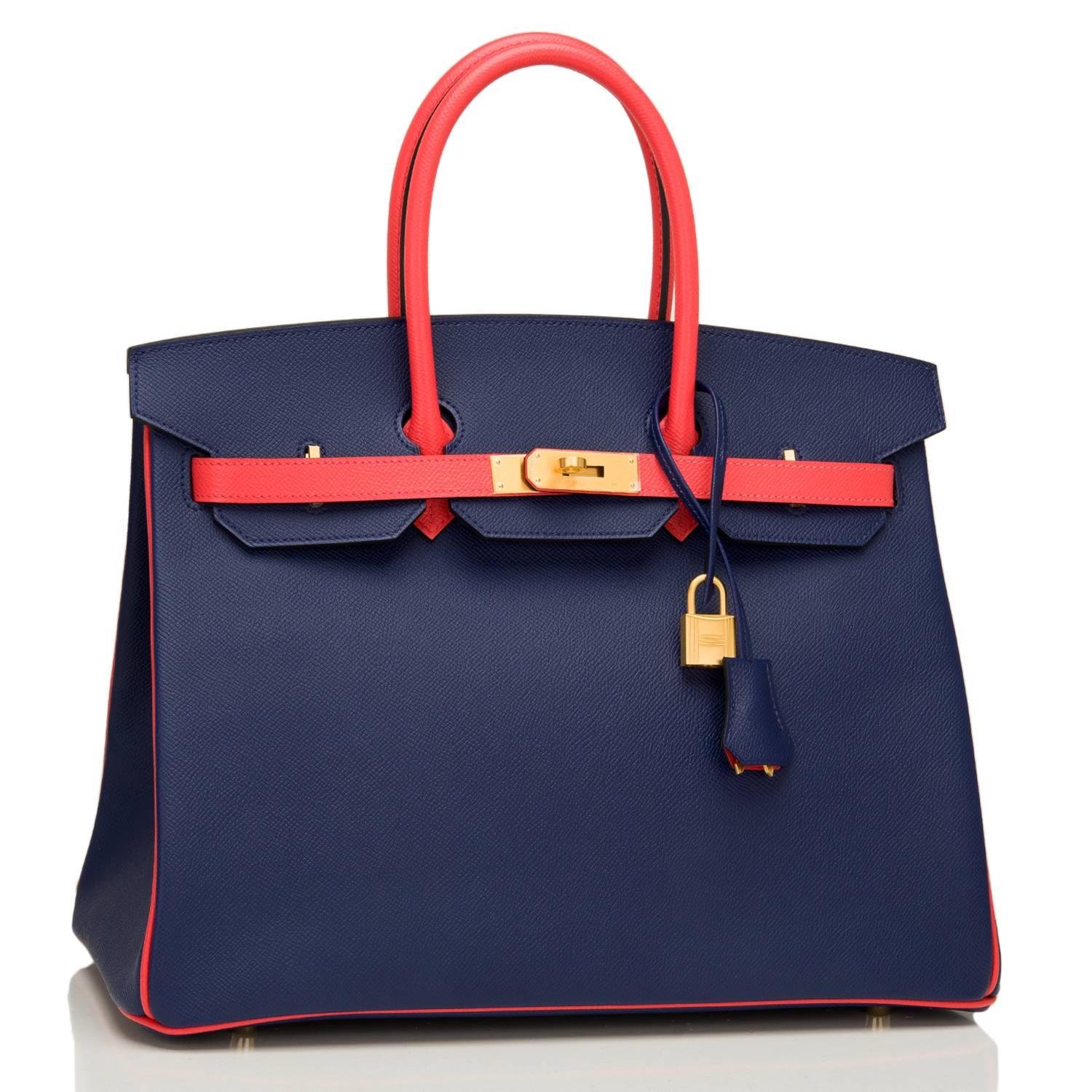 Hermes special order, horseshoe stamped (HSS) bi-color Birkin 35cm of Blue Sapphire and Rose Jaipur epsom leather with gold hardware.

This Birkin has tonal stitching, a front toggle closure, a clochette with lock and two keys, and double rolled
