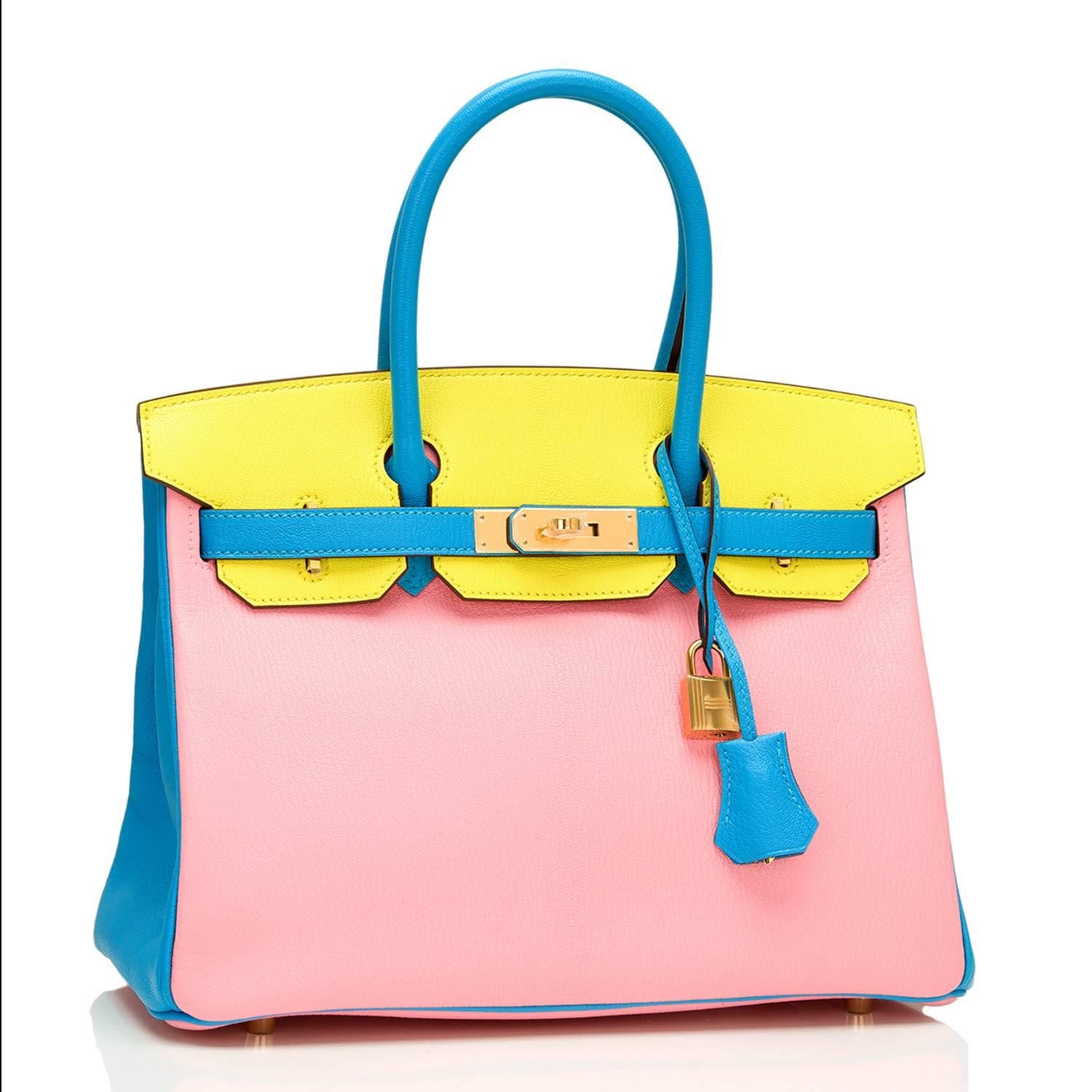 Hermes Horseshoe Stamped Birkin 30cm of Rose Confetti, Soufre, and Blue Aztec in chevre leather with gold hardware.

This Special Order Birkin with Rose Confetti front and bottom, Soufre back and front flap and Blue Aztec sides, handles, straps has