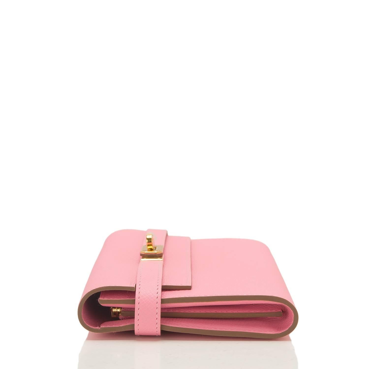 Pink Hermes Rose Confetti Epsom Kelly Long Wallet Gold Hardware For Sale