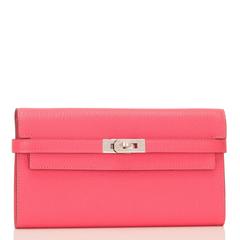 Hermes Rose Lipstick Palladium Hardware Chevre Kelly Long Wallet