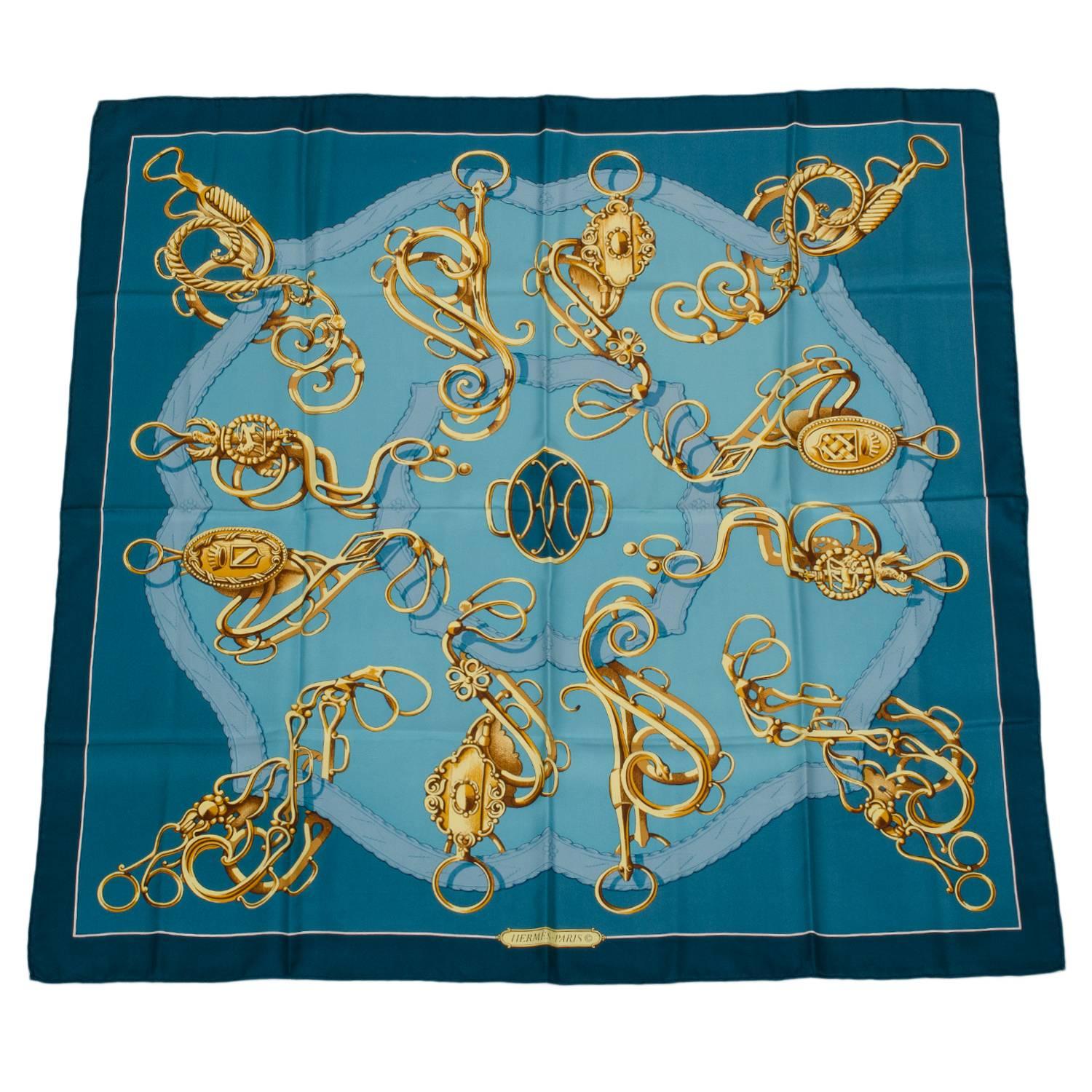 Hermes "Profile - Selliere" silk twill scarf designed by M Guillemot in a turquo For Sale