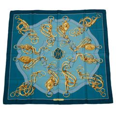Hermes "Profile - Selliere" silk twill scarf designed by M Guillemot in a turquo