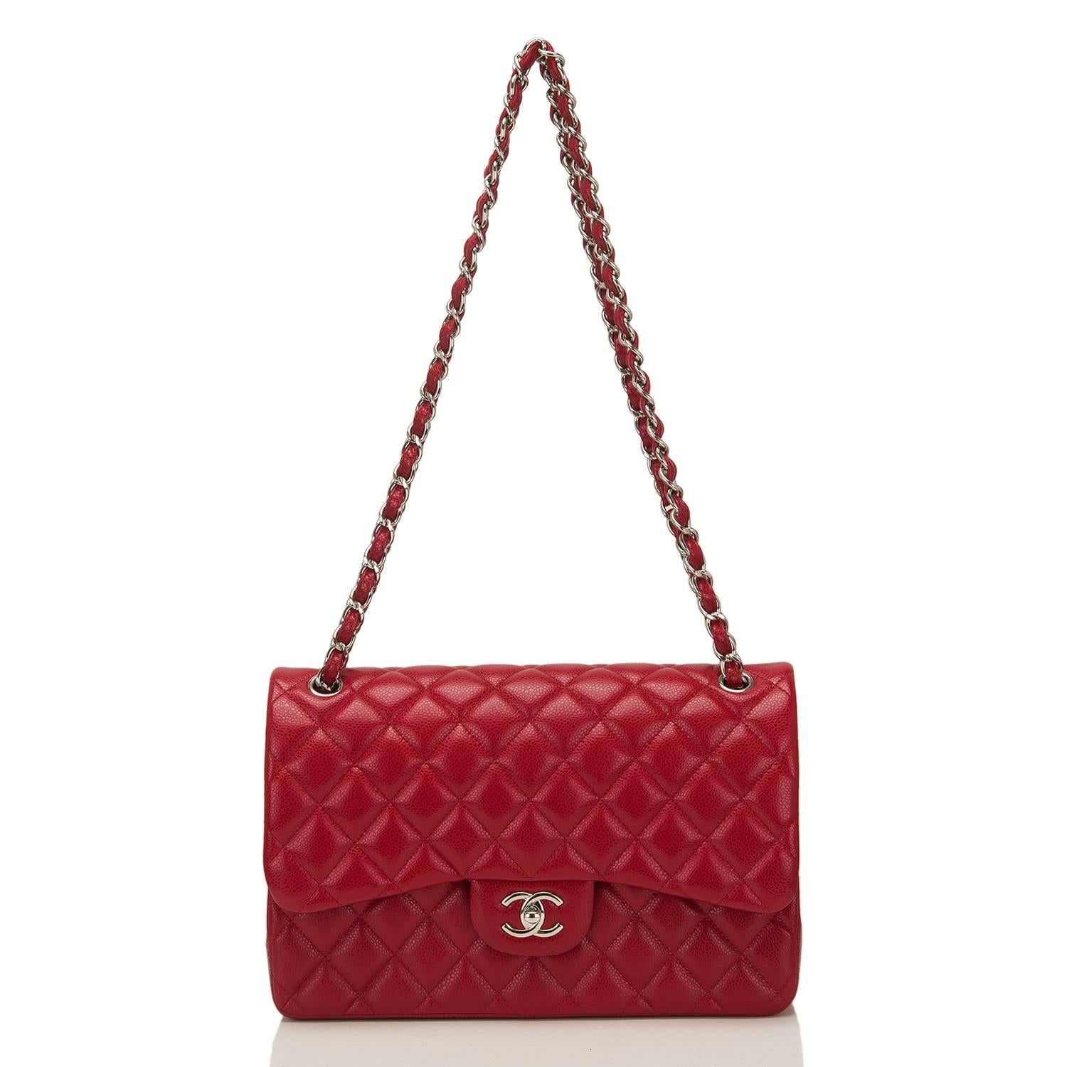 Chanel Red Quilted Caviar Jumbo Classic Double Flap Bag For Sale 2