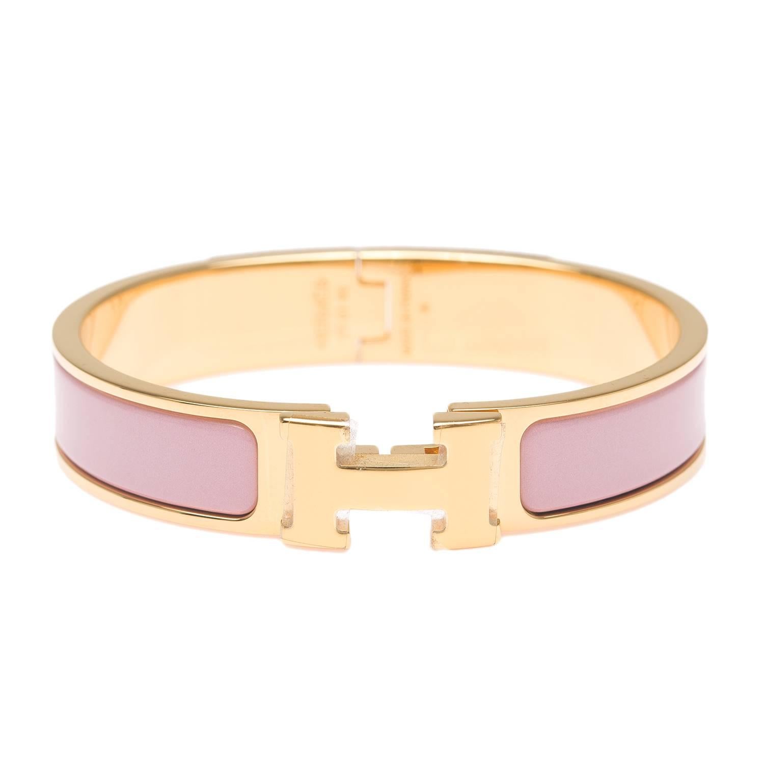Hermes Rose Nacarat Clic Clac H Narrow Enamel Bracelet PM For Sale