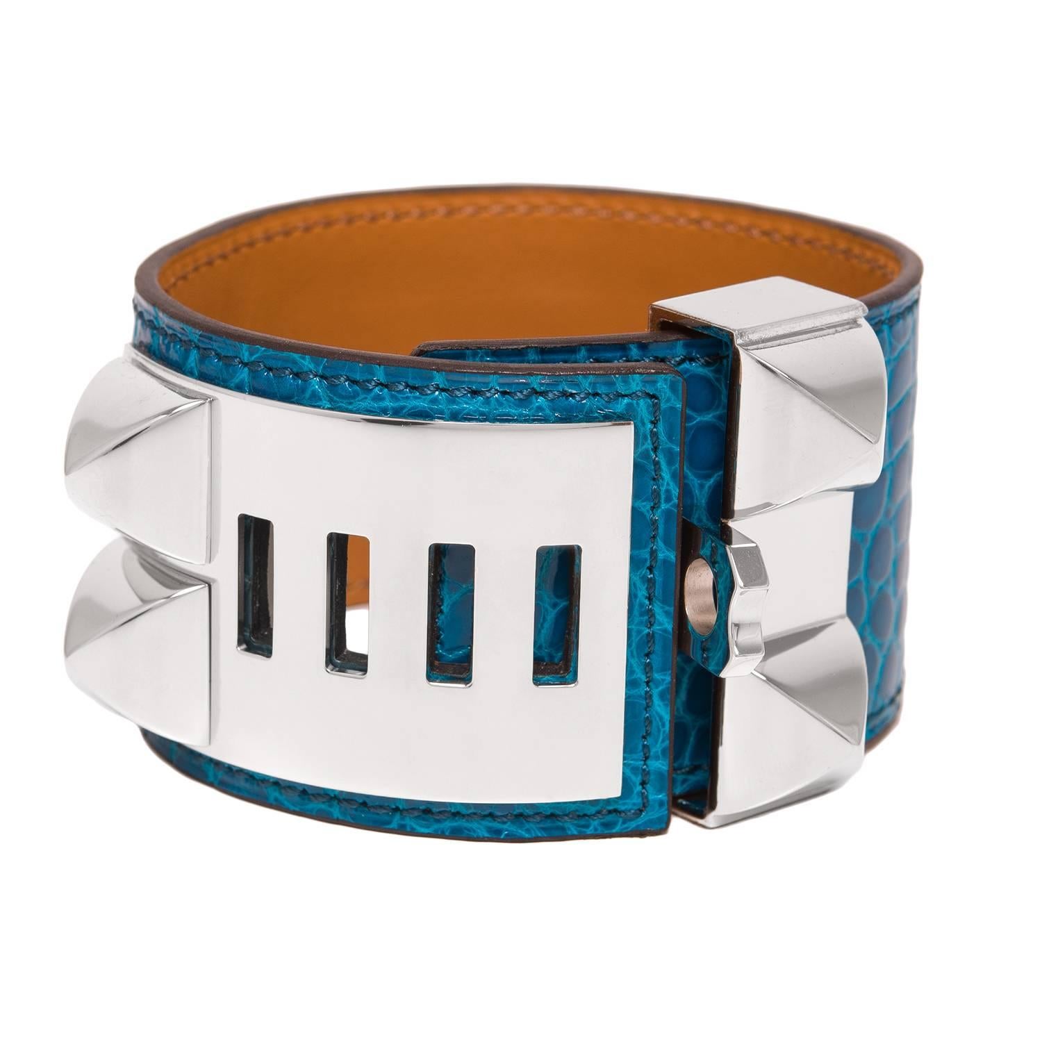 Hermes Blue Izmir Alligator Collier De Chien (CDC) Bracelet Small In New Condition In New York, NY