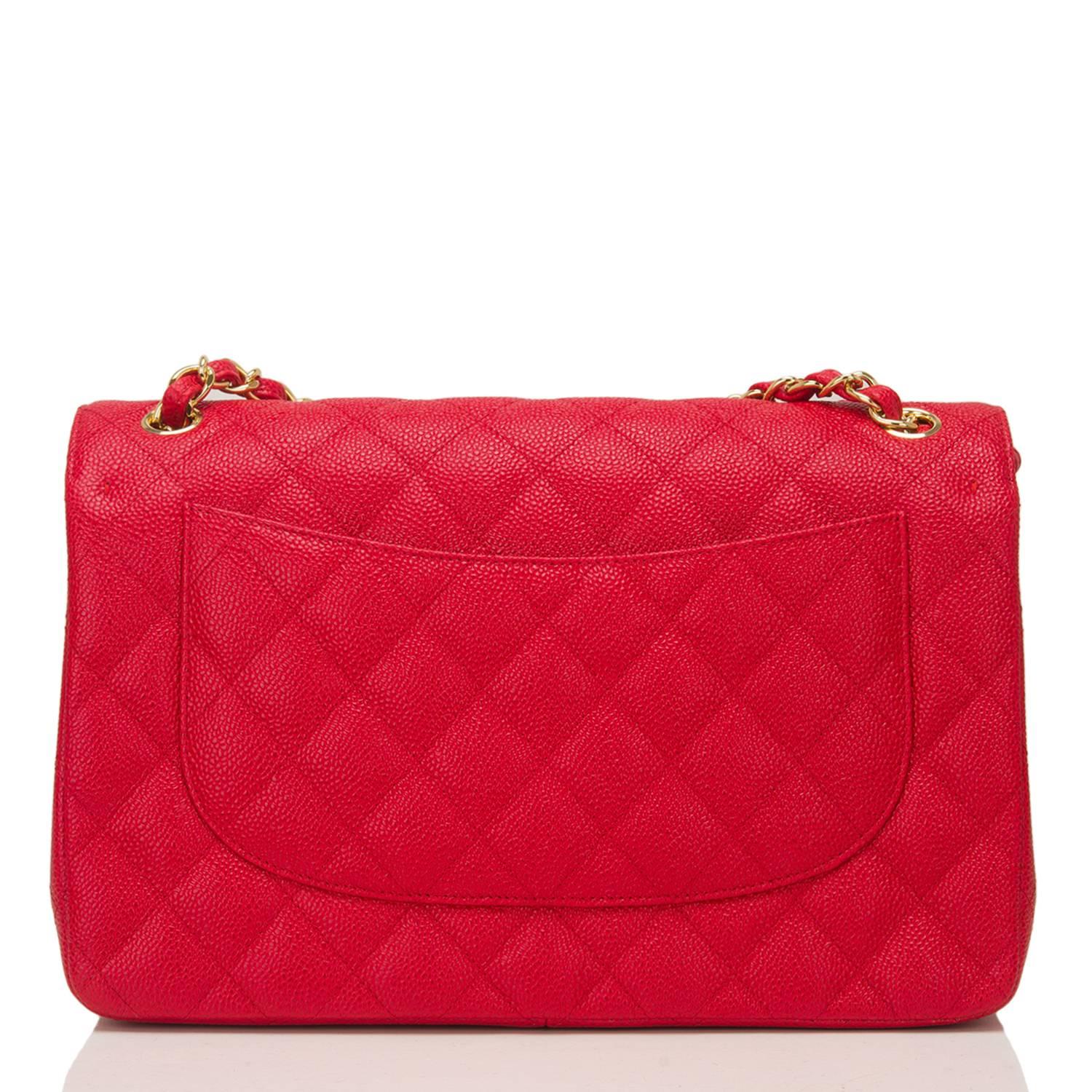 Women's Chanel Red Quilted Caviar Jumbo Classic Double Flap Bag For Sale