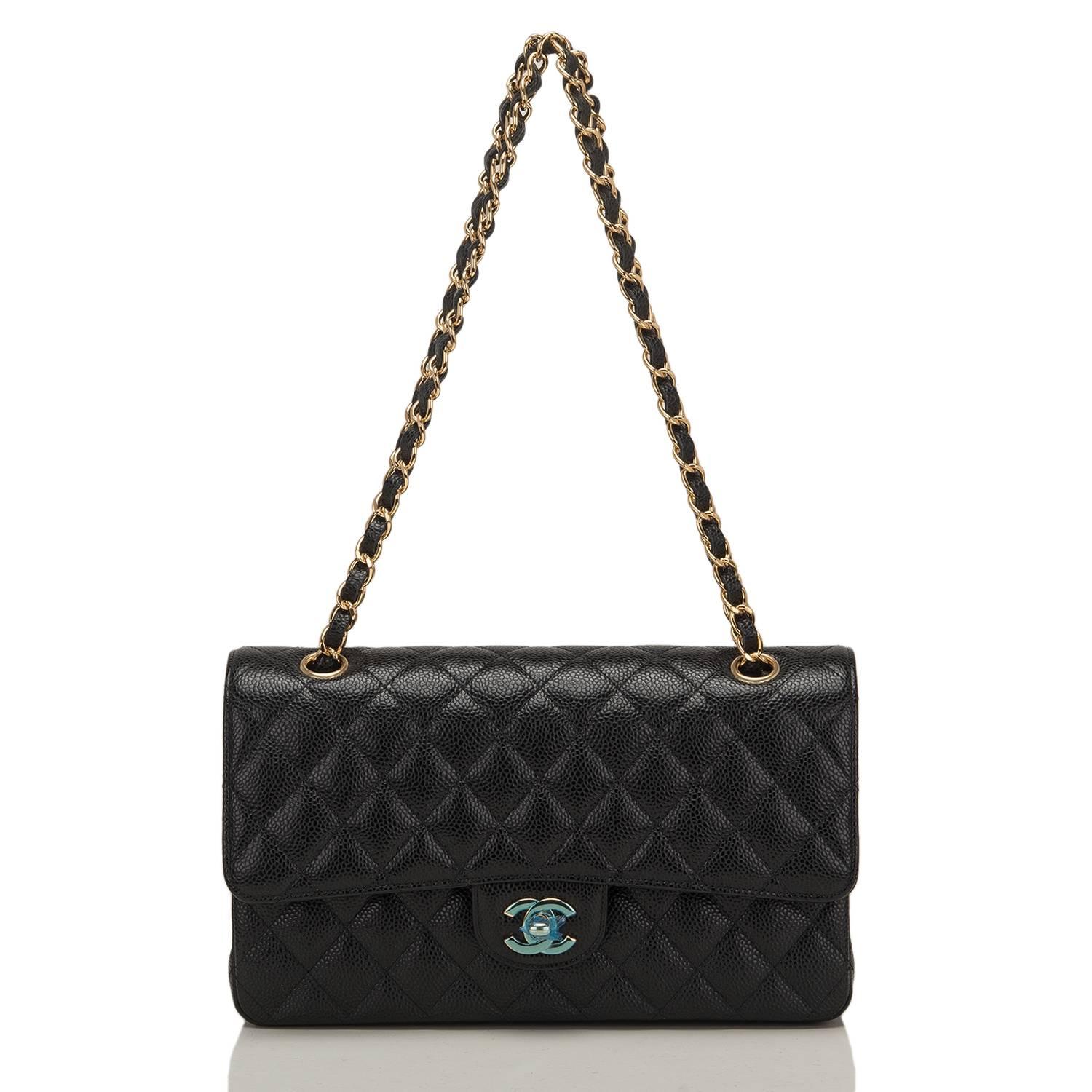 Chanel Black Quilted Caviar Medium Classic Double Flap Bag For Sale 2