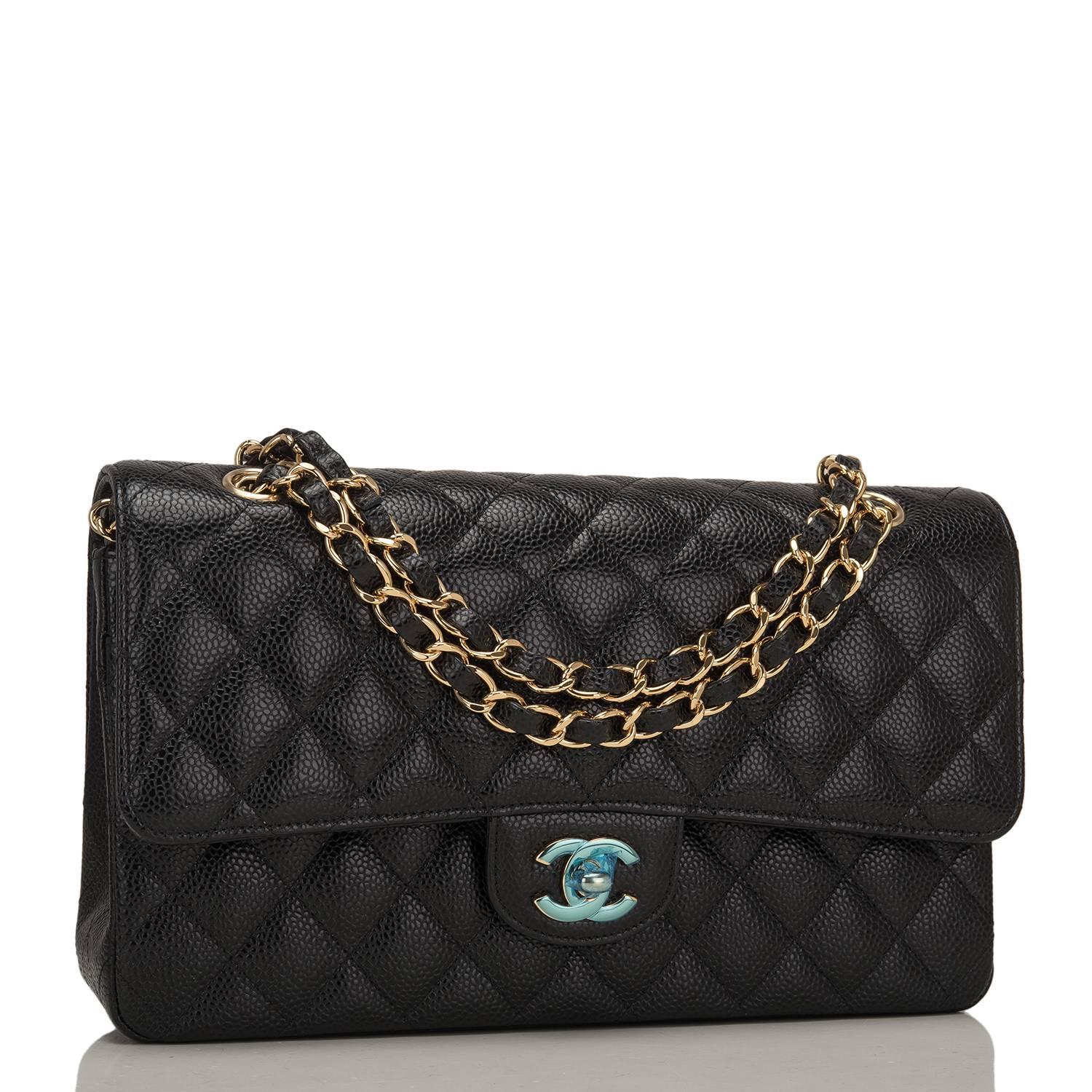 Chanel Medium Classic double flap bag of black caviar leather with gold tone hardware.

This bag features a front flap with signature CC turnlock closure, a half moon back pocket, and an adjustable interwoven gold tone chain link with black leather