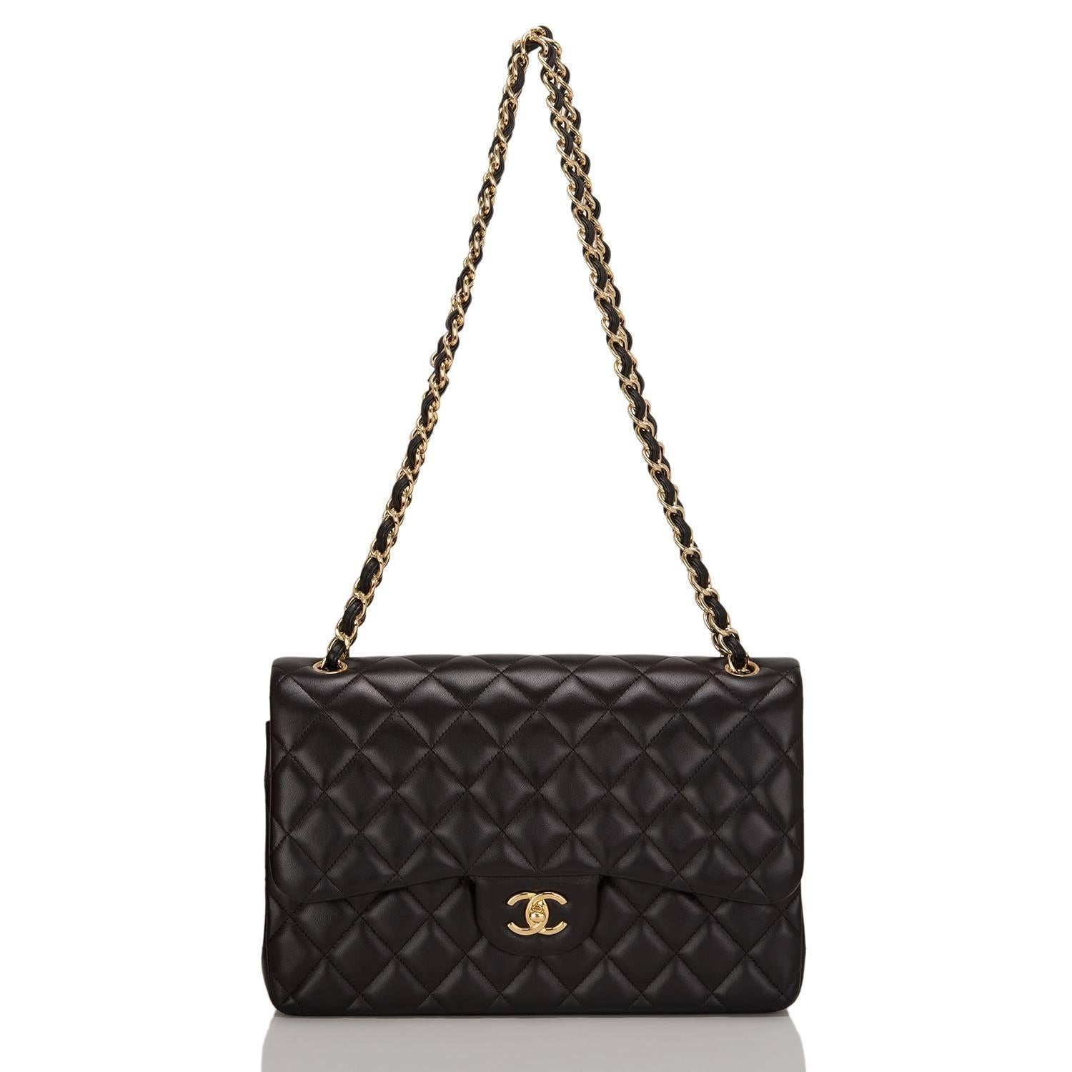 Chanel Black Quilted Lambskin Jumbo Classic Double Flap Bag For Sale 1